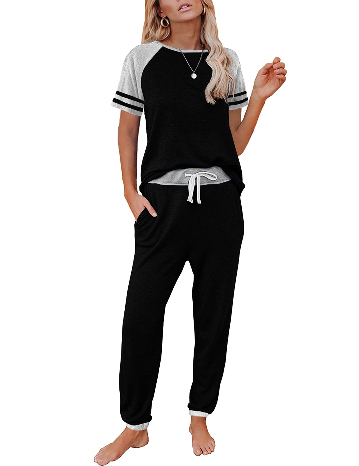 Women's AUTOMET Lounge Set - Comfy Short Sleeve Jogger Pajama Outfit for Home Relaxation