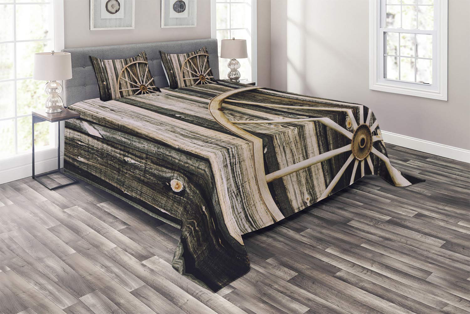 Ambesonne Rustic Farmhouse Quilt Set - King Size 3-Piece Bedspread with 2 Pillow Shams, Vintage Wooden Barn Door & Wagon Wheel Design in Black & Pale Brown | Perfect for Farmhouse, Country, or Western Style Bedroom Decor