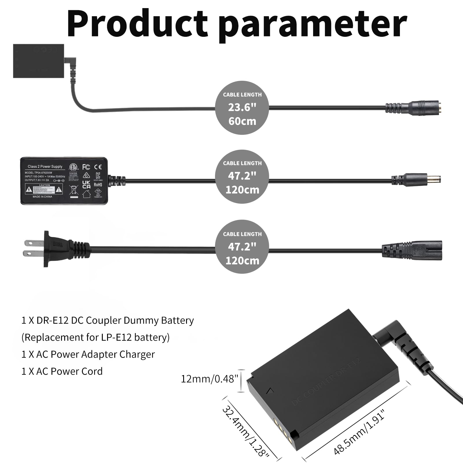 Original Canon ACK-E12 AC Power Adapter & DR-E12 DC Coupler Kit for Canon EOS M, M2, M10, M50 Mark II, M100, M200 Cameras - Continuous Power Supply for Studio Photography & Video Recording