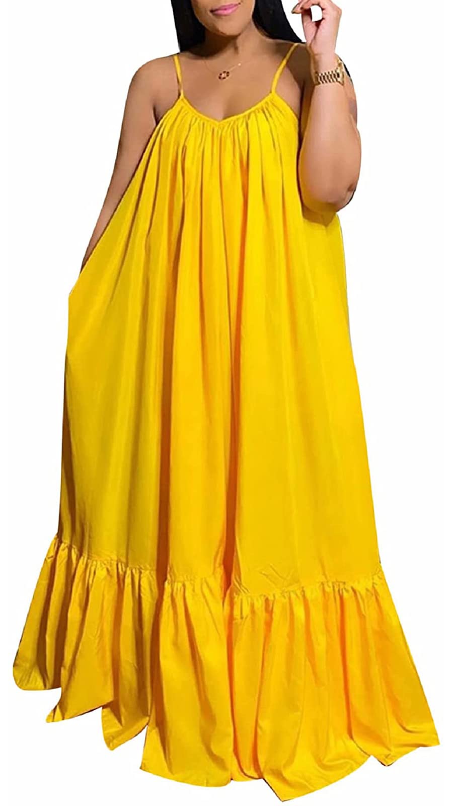 Women's Sexy Sleeveless Spaghetti Strap Ruched Ruffle Hem Maxi Dress - Plus Size Beach Cover Up, Summer Vacation, Date Night & Party Swing Dress