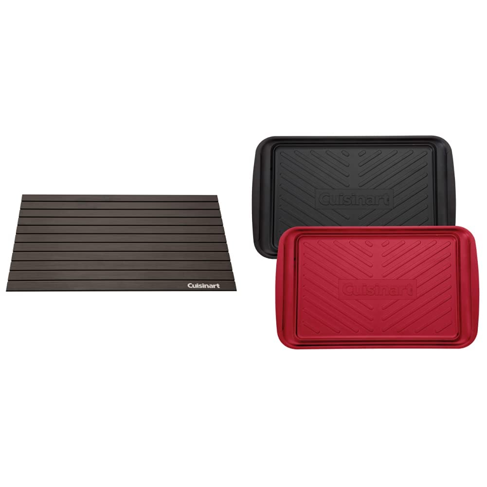 Premium Cuisinart Grill Tray Set - 3-Piece BBQ Cooking Accessories Kit with Prep & Serve Trays (Black/Red) + Fast Defrosting Tray (Black) for Outdoor Grilling, Backyard Parties & Quick Meal Prep
