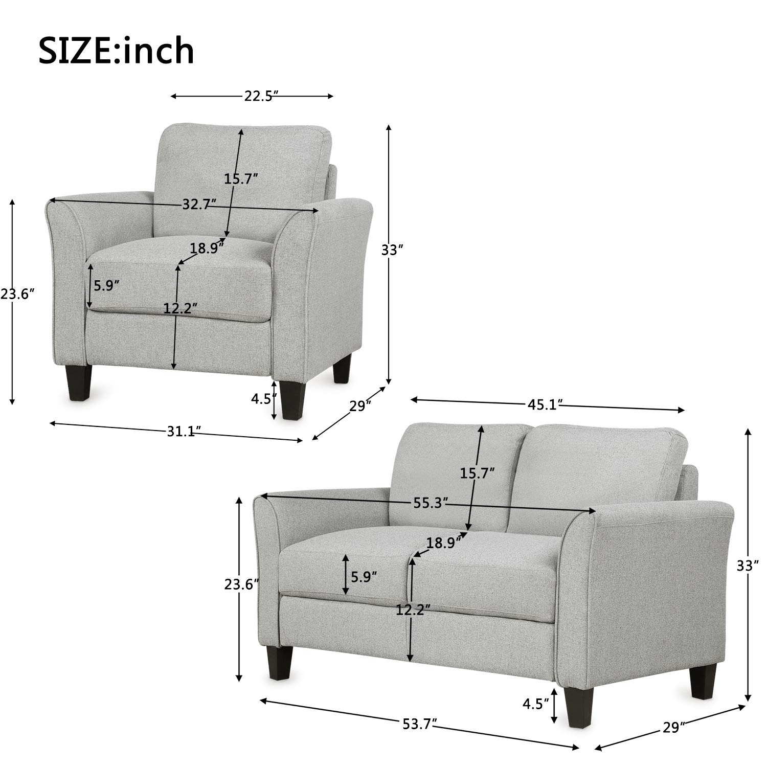 Danxee 2-Piece Sectional Sofa Set with Loveseat and Armchair - Modern Living Room Furniture in Light Grey | Perfect for Small Spaces, Apartments & Cozy Family Gatherings
