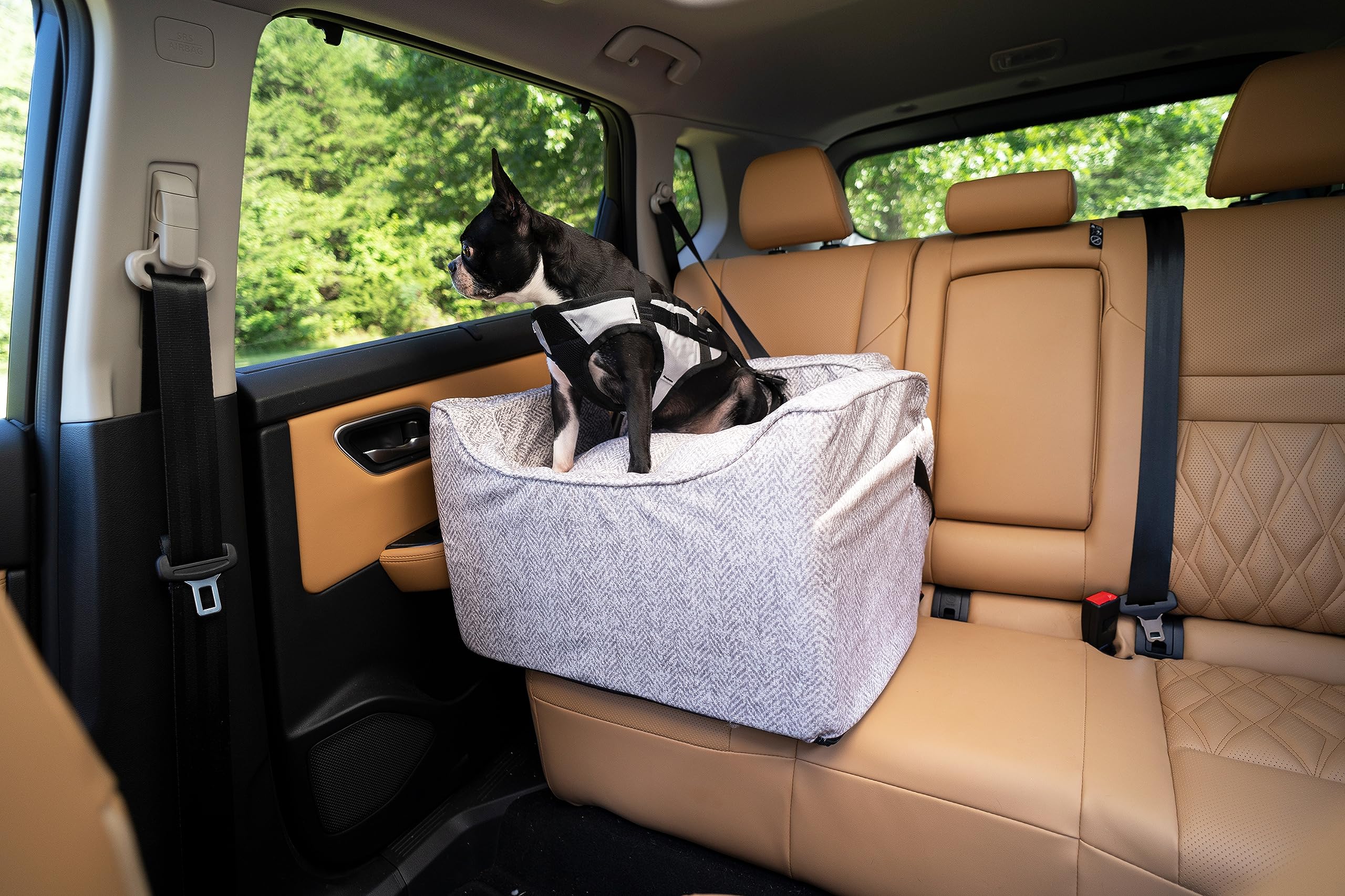 Snoozer Lookout I Dog Booster Car Seat for Small Dogs Under 25lbs - Medium Size Pet Car Seat with Removable Washable Cover - Palmer Dove Fabric - Prevents Car Sickness - Perfect for Road Trips & Vet Visits