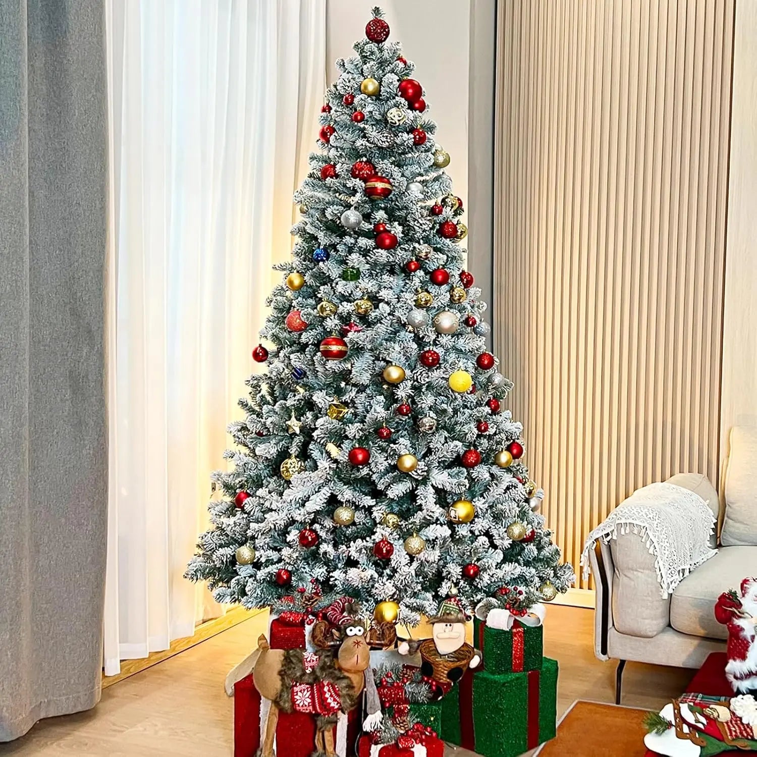 6.5 ft Pre-Lit Snow Flocked Artificial Christmas Tree with Pine Cones & Metal Stand - Hinged Branches for Easy Setup - Perfect for Living Room, Office, or Holiday Decorations