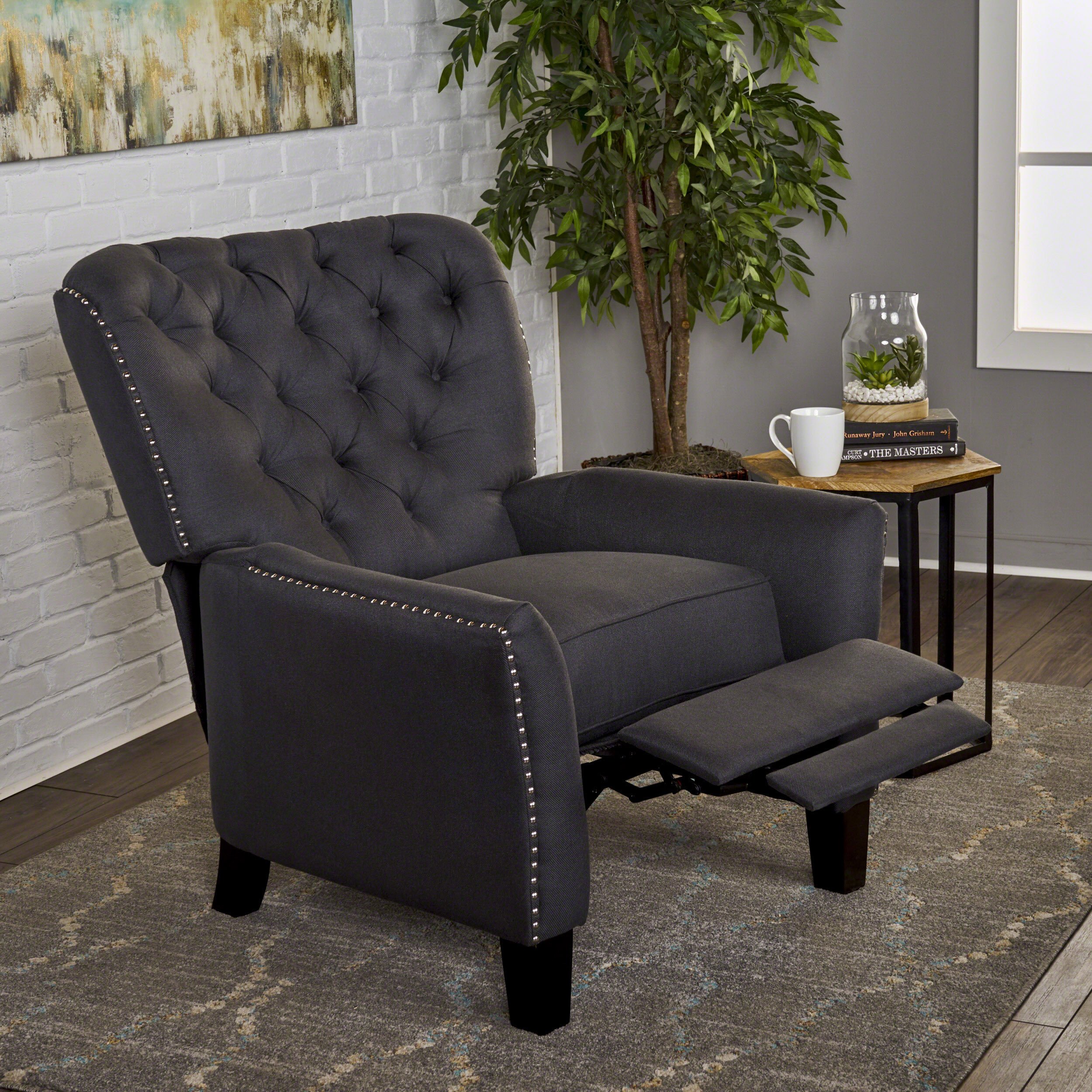 Christopher Knight Home Cerelia Tufted Fabric Recliner - Dark Charcoal/Dark Brown | Comfortable Living Room Chair for Relaxing & Lounging