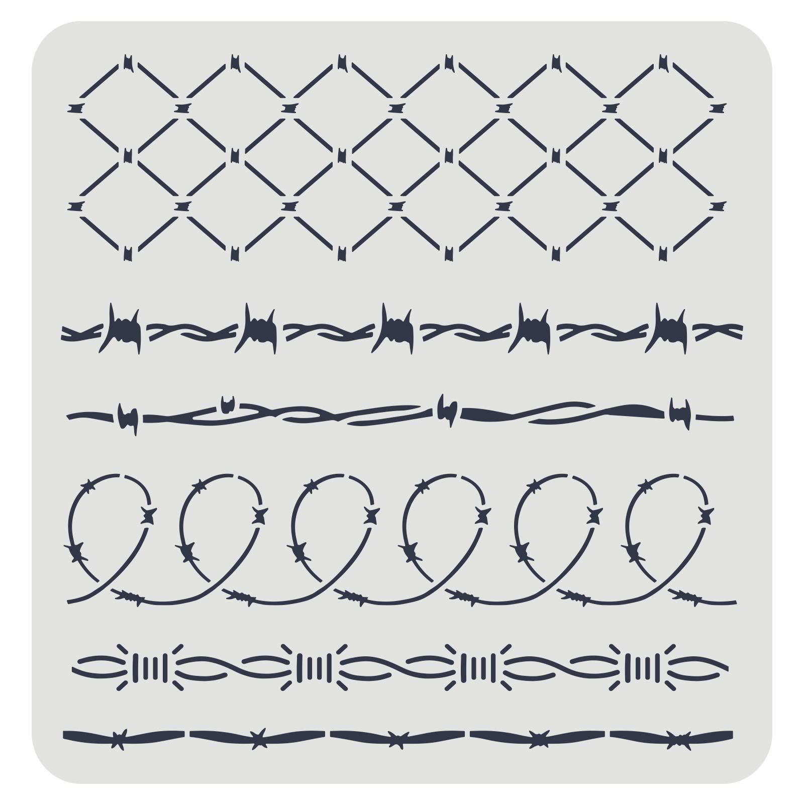 Barbed Wire DIY Stencils for Wall Painting - 11.8x11.8 Inch Reusable Mylar Template - 6 Style Iron Gauze Drawing Stencils for Chalk Signs, Crafts, Windows & Walls - Perfect for Home Decor, DIY Projects & Artistic Creations