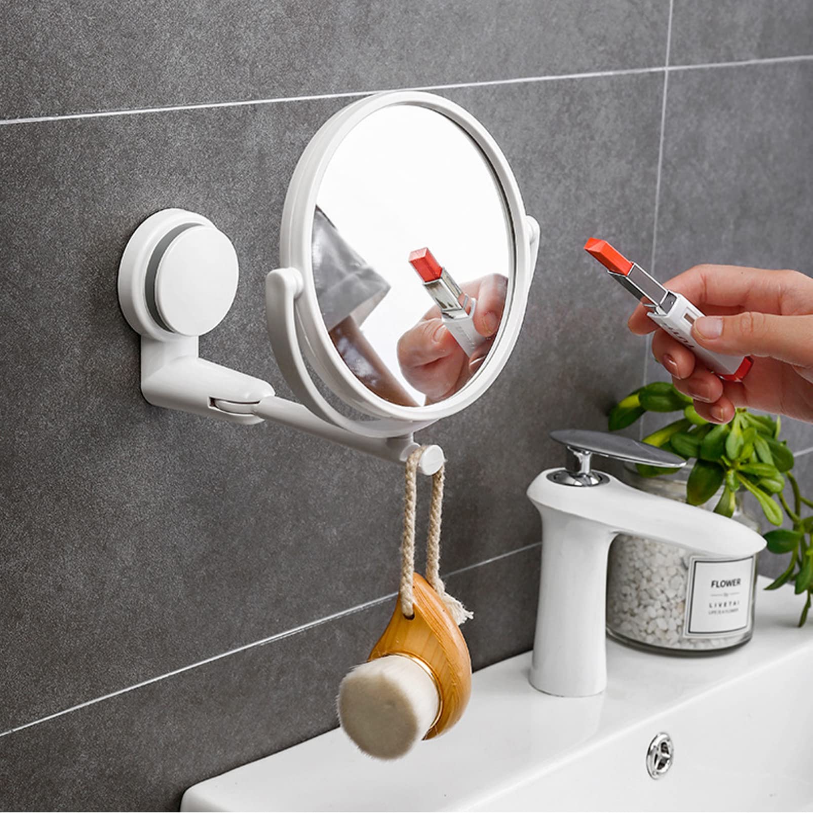 Beavorty Two-Sided LED Makeup Mirror with Suction Cup & Adjustable Arm - 360° Swivel Vanity Mirror for Wall Mount or Bathroom - Round Cosmetic Mirror for Professional Makeup Application, Eyebrow Shaping & Skincare Routine (Ideal for Home, Salon & Travel)