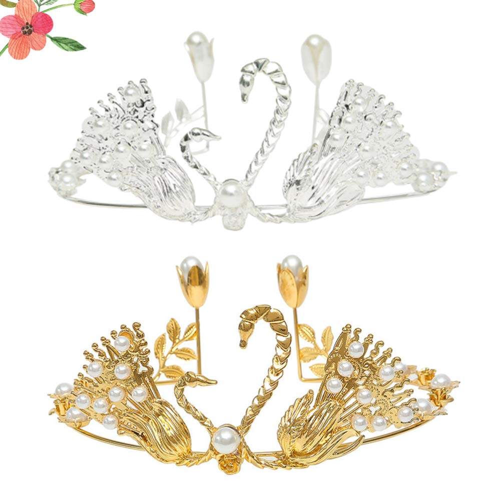 2PCS Rhinestone Tiara Swan Cupcake Toppers - Crystal Wedding Cake Decorations for Engagement, Anniversary & Birthday Parties - Elegant Pearl & Gold Trim Bride Princess Accessories (Perfect for Wedding Cakes, Bridal Showers, Birthday Celebrations & Special Events)