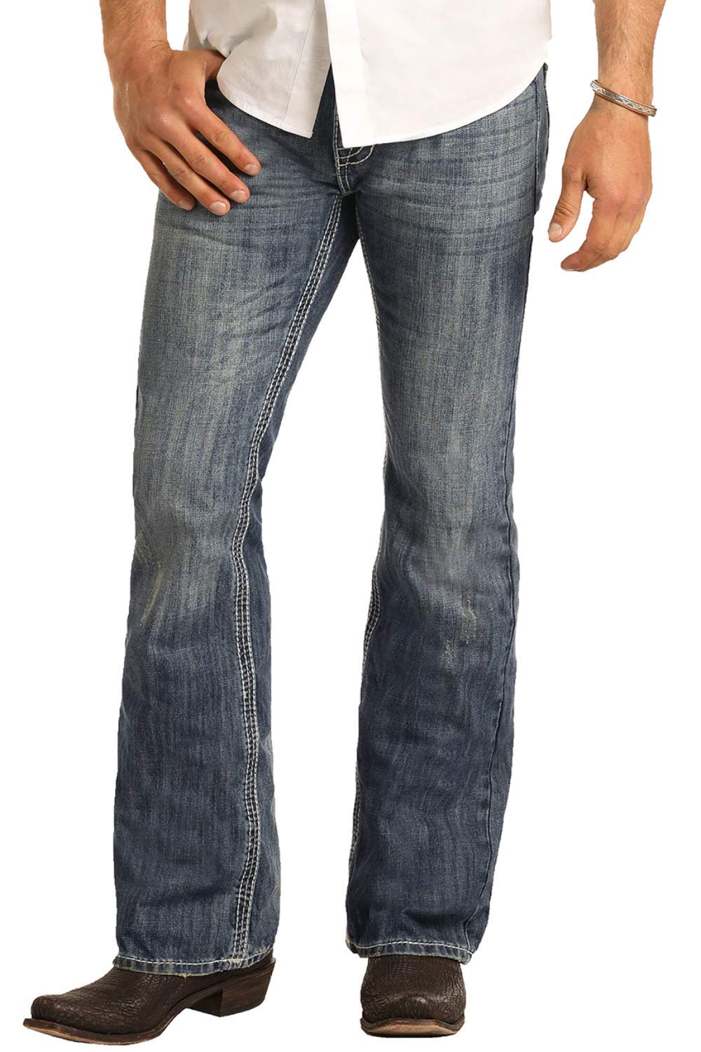 Rock & Roll Denim Men's Pistol Medium Slim Bootcut Jeans - Blue Washed Denim Pants 36W x 30L for Casual Wear & Vintage Style Outfits