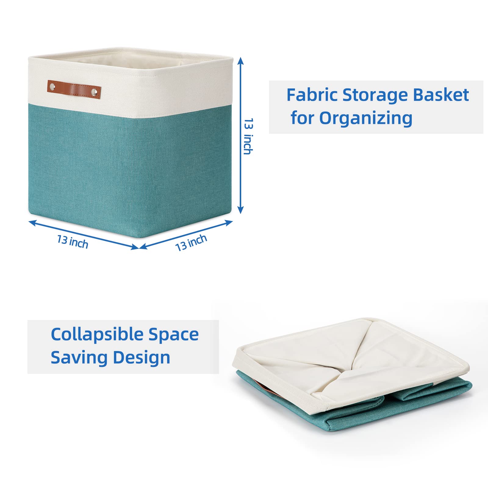 Temary 13x13 Inch Fabric Storage Cubes & Bins - 4-Pack Large Organizing Baskets with Handles for Clothes, Books, Toys - Perfect for Closet, Nursery, Office Organization (White & Teal)
