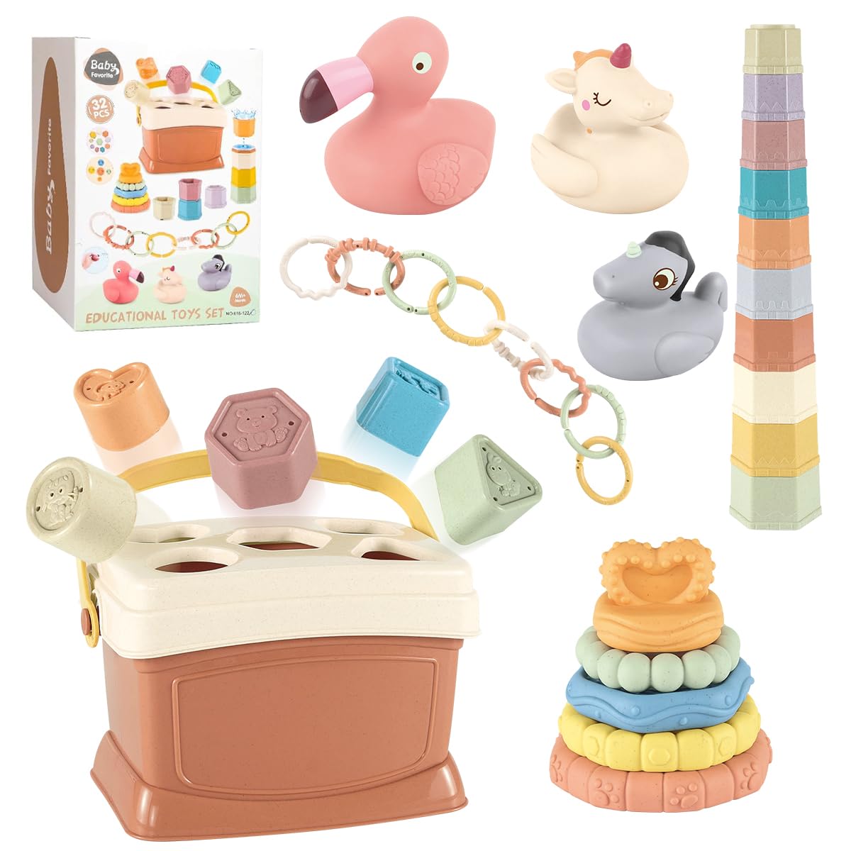 Montessori Baby Toys Set - Sensory Stacking Cups & Teether Blocks for Infants 6-12 Months | Food-Grade Educational Learning Toys for 1 2 3 Year Olds | Perfect Baby Shower Gift & Early Childhood Development Activity