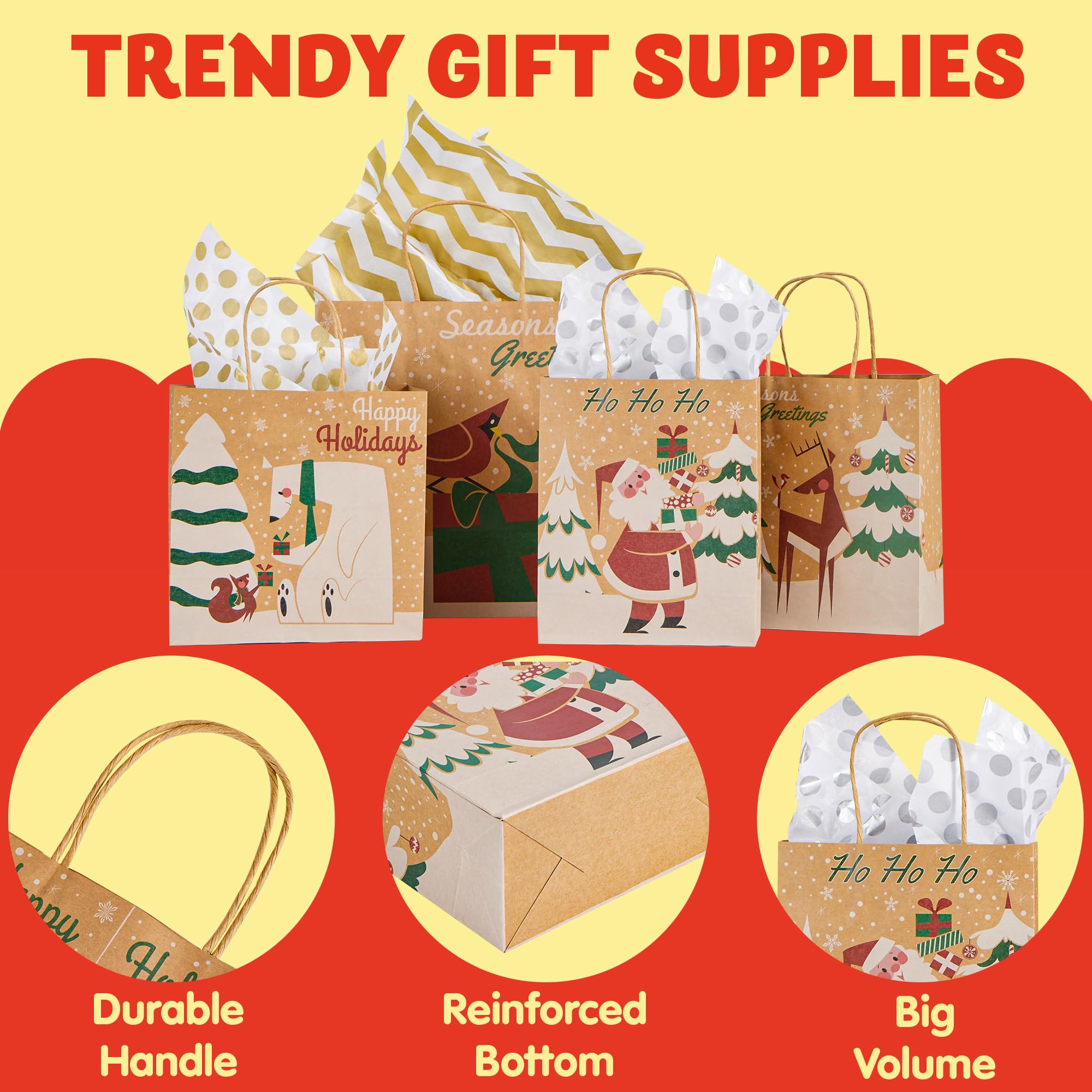 JOYIN 24-Piece Christmas Kraft Gift Bags Set - Assorted Holiday Designs for Wrapping Presents (Classic Style, Tissue Paper Not Included) - Perfect for Christmas Party Favors, Stocking Stuffers & Holiday Gift Giving