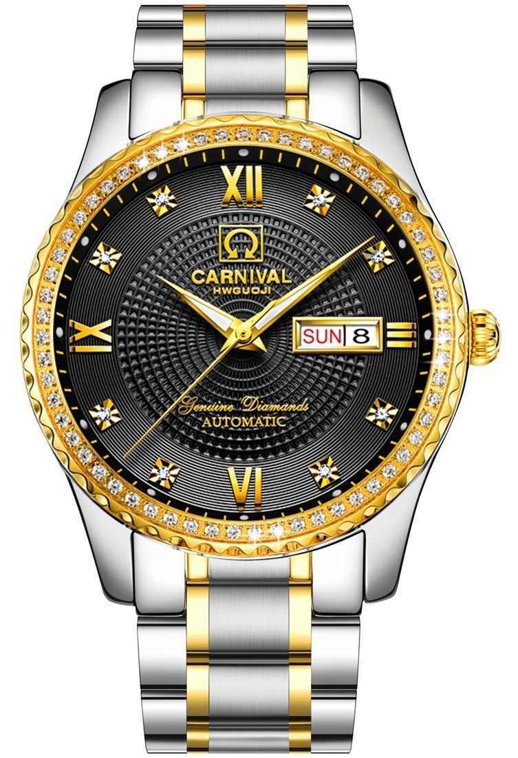 Luxury Swiss Made Men's Gold Automatic Watch with Analog Display, Calendar, Week Indicator & Luminous Hands - Stainless Steel Diamond Watch for Business, Formal Events & Special Occasions