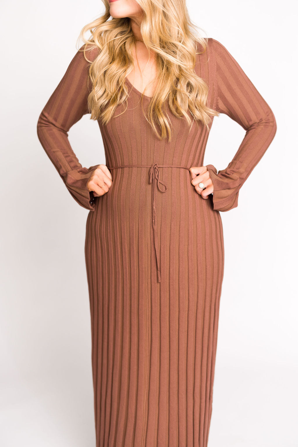 Hadley Long Sleeve V Neck Knit Maxi Dress in Cocoa - Women's Elegant Casual Maxi Dress for Fall & Winter | Perfect for Office, Date Night & Holiday Parties