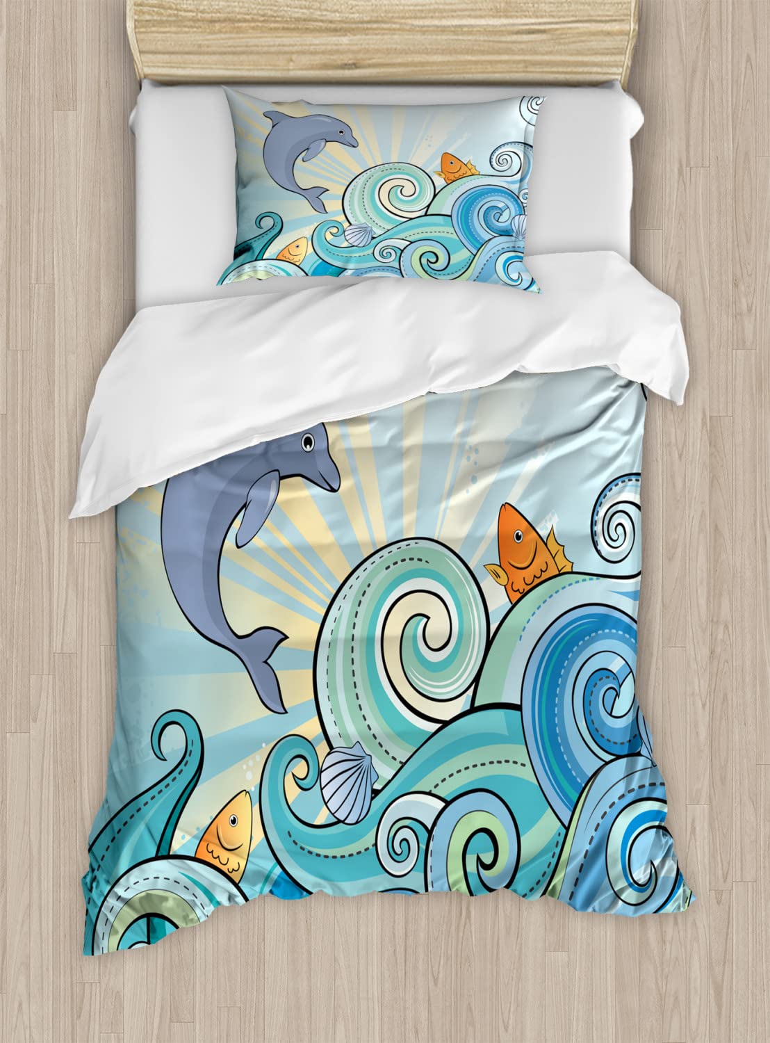 Ambesonne Ocean Marine Duvet Cover Set - Twin Size 2-Pack with Dolphin, Fish, Starfish & Shells Summer Pattern, Pastel Blue - Perfect for Kids' Bedrooms, Beach Themed Decor & Coastal Home Styling