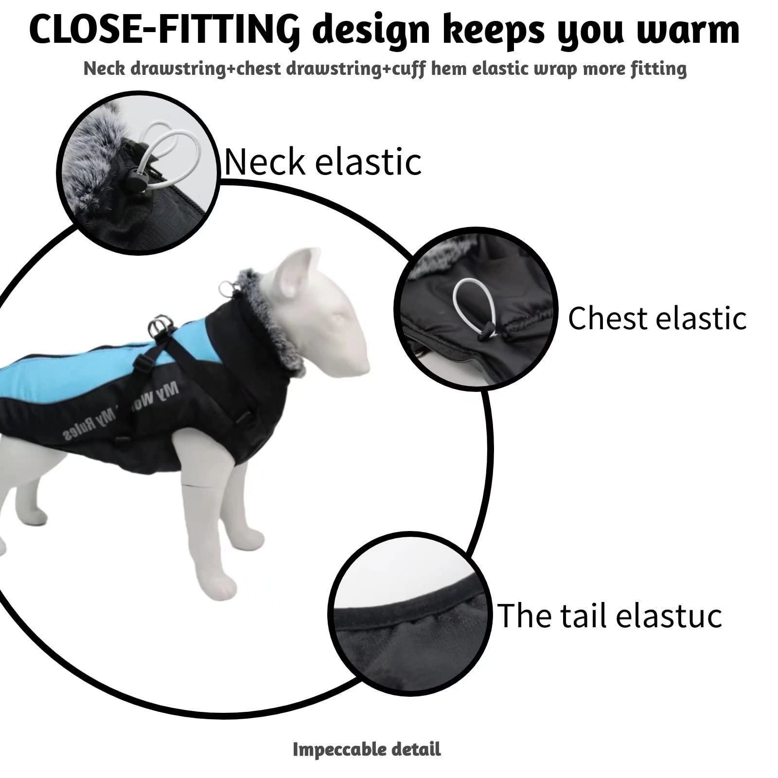Xqpetlihai Reflective Waterproof Windproof Dog Winter Jacket with Zipper Harness & Furry Collar - Fleece Lined Pet Coat for Medium & Large Dogs (Size 3XL, Blue) - Perfect for Hiking, Camping & Outdoor Winter Adventures