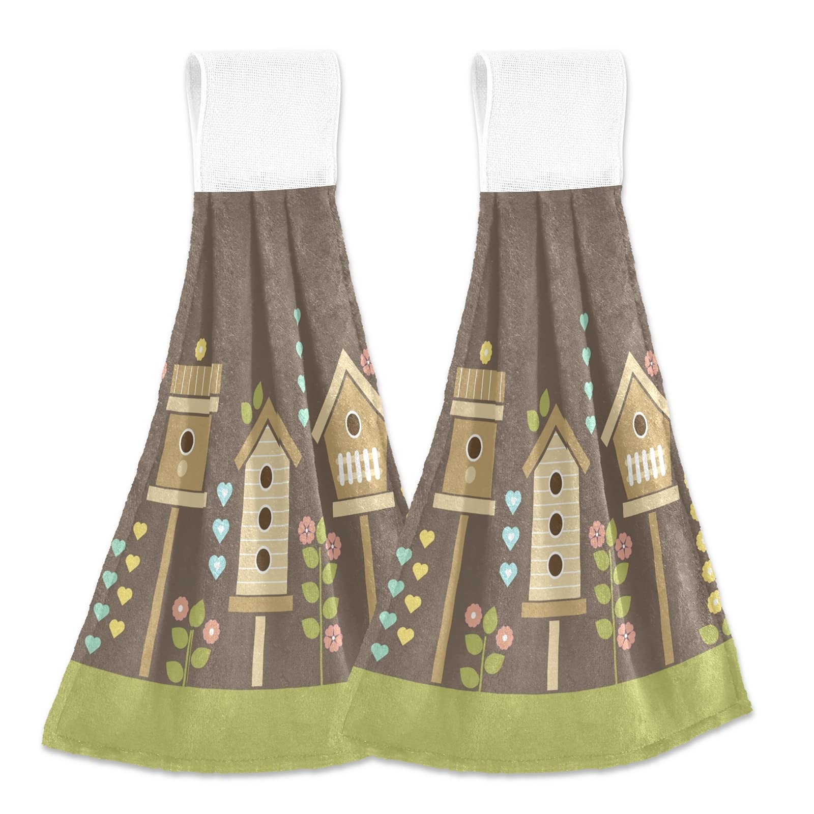 Spring Bird House Hanging Kitchen Towels - 2 Pack Dish Cloths with Loops for Home Decor & Gift