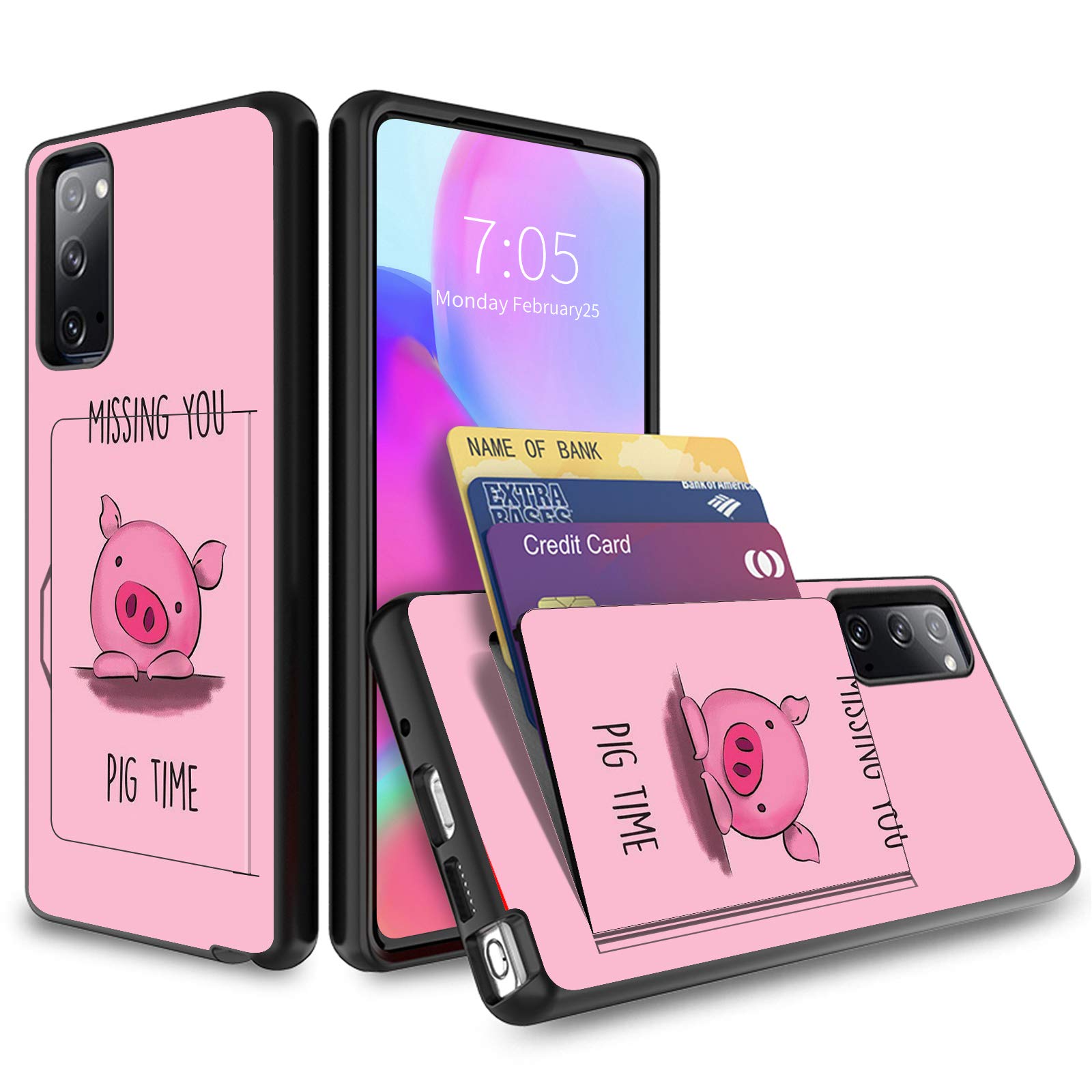 Samsung Galaxy Note 20 Case with Card Holder - Heavy Duty Hybrid Defender Phone Cover with Hidden Credit Card Slot & Flip Wallet Design for Samsung Galaxy Note 20 5G - Cute Pink Pig Pattern - Perfect for Daily Use, Travel & Business Meetings