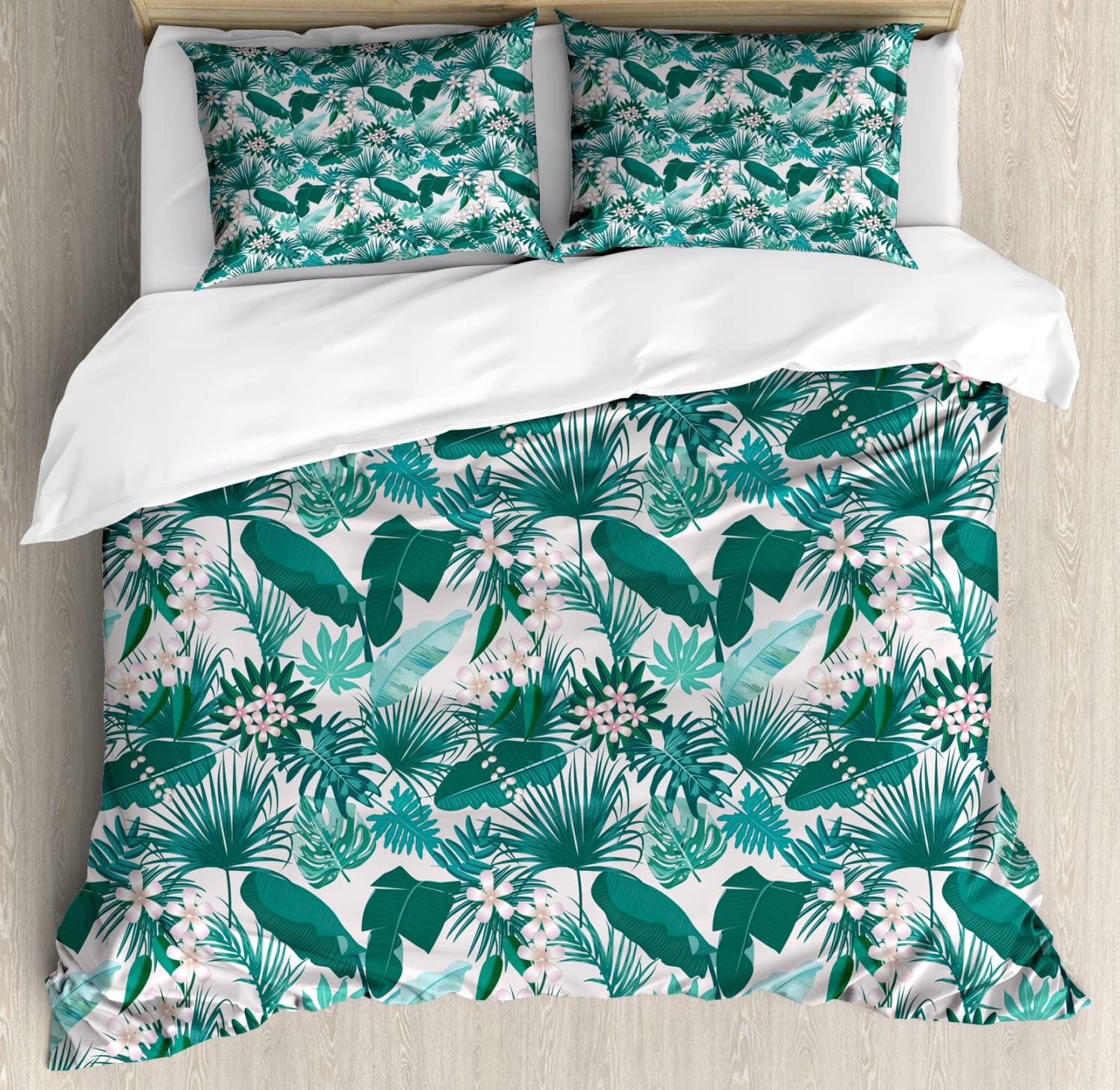 Ambesonne Hawaii Duvet Cover Set - Queen Size 2-Pack with 2 Duvet Covers & 4 Pillowcases, Exotic Tropical Flower & Leaf Design in Teal Seafoam - Perfect for Beach House, Summer Bedroom Decor & Tropical Themed Rooms