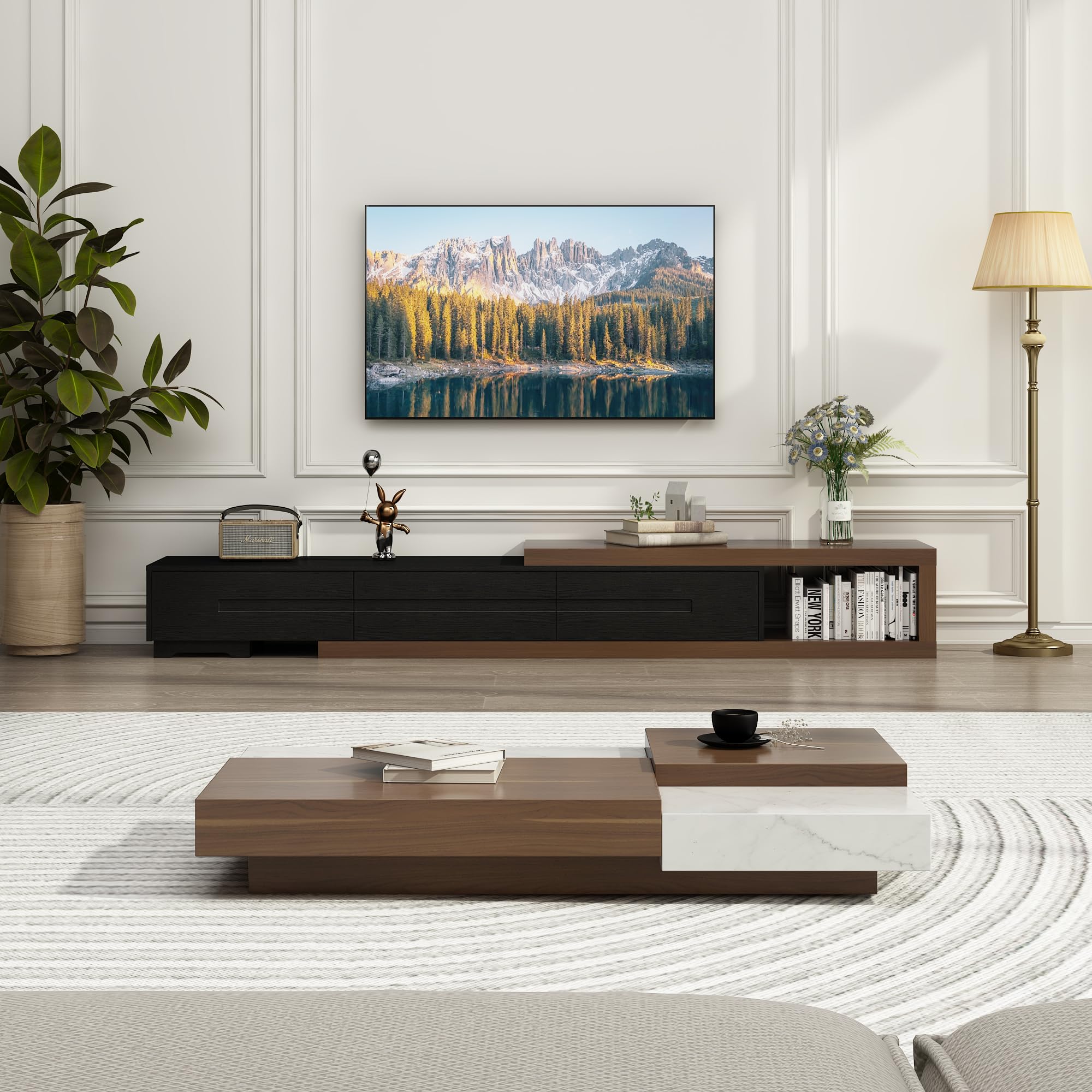 Extendable TV Stand for 82-110 Inch TVs - Modern Wood Reversible TV Media Console with 3 Drawers - Entertainment Center for Living Room & Bedroom (Black & Walnut) - Perfect for Home Theater Setup & Space-Saving Storage