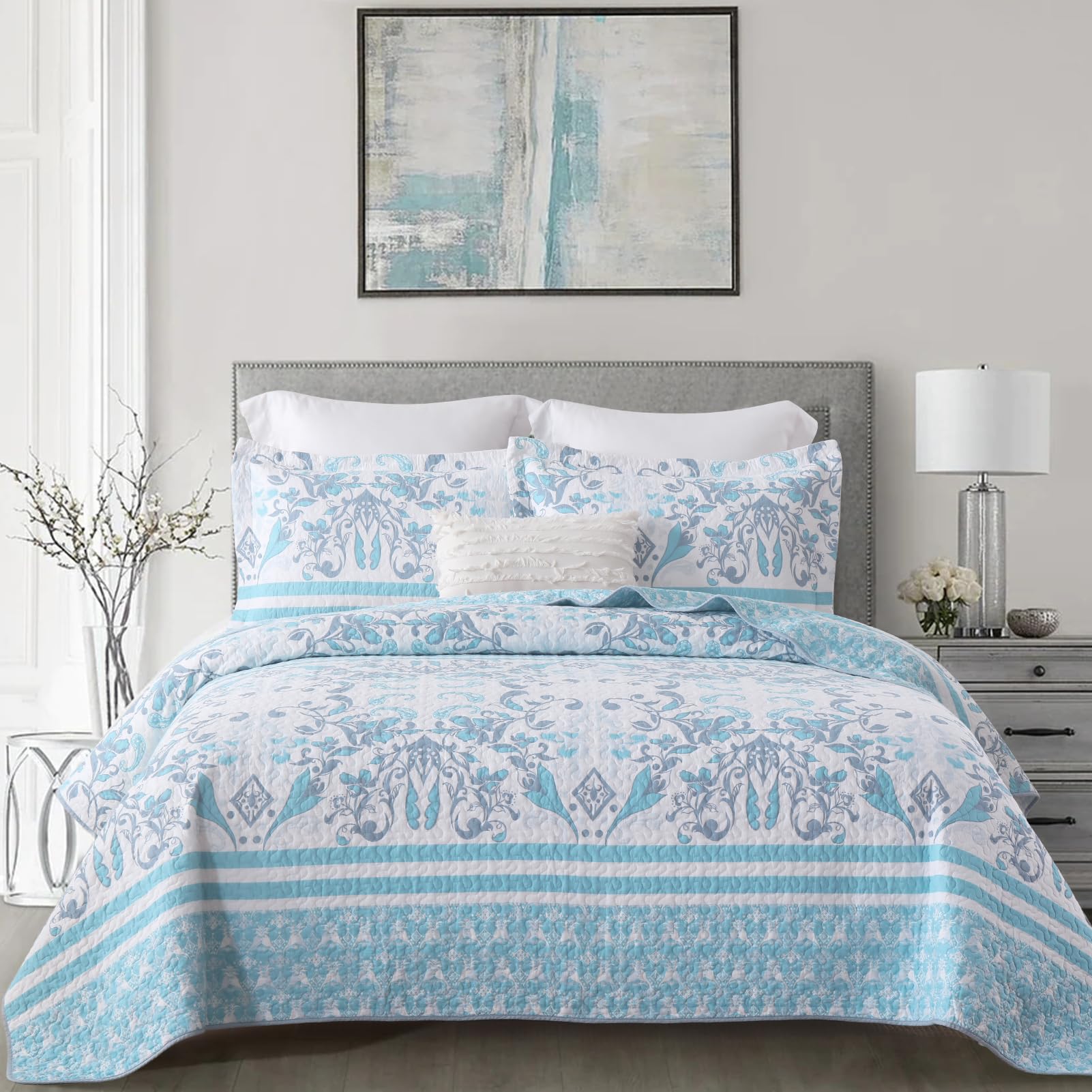 100% Cotton King Size Quilt Set - Floral Reversible Farmhouse Bedding | Lightweight Comforter & Quilted Bedspread for King Bed (Blue, 3-Piece) | Perfect for Cozy Farmhouse Bedrooms & Guest Room Decor