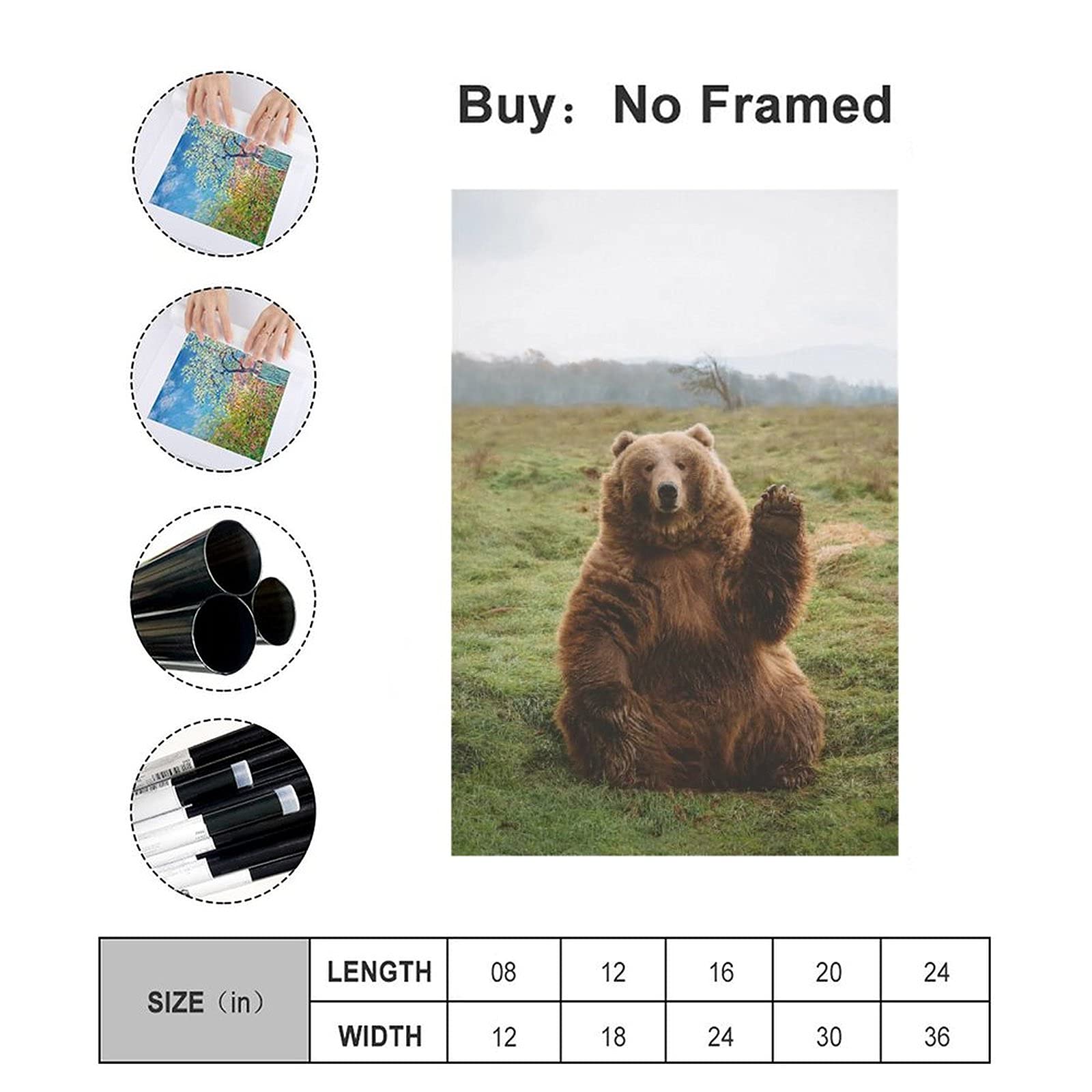 Chubby Naive Grizzly Bear Waving Canvas Wall Art - 24x36 Inch Nature Wildlife Poster for Living Room, Bedroom & Office Decor - Perfect Gift for Animal Lovers & Home Decoration