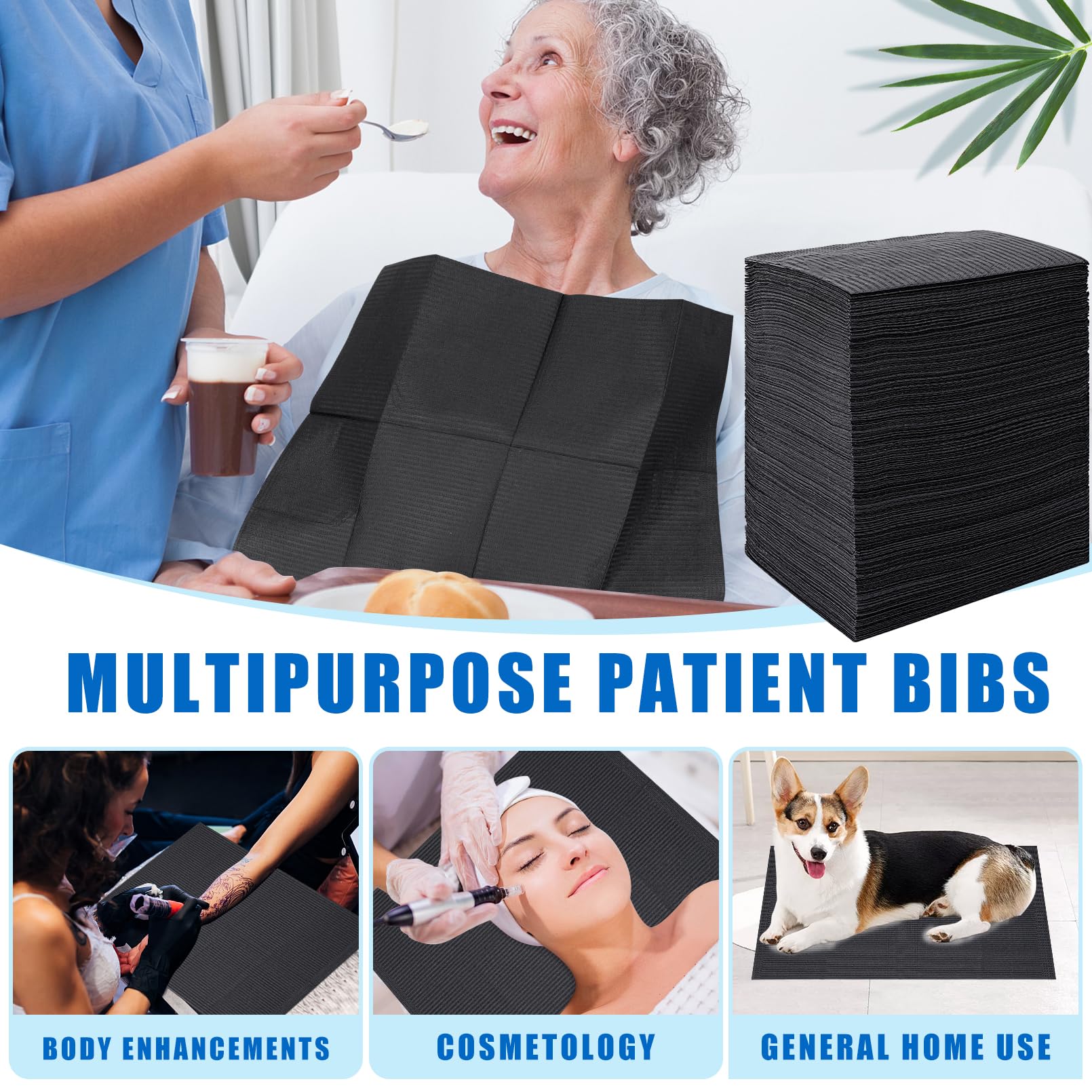 **250Pcs Black Disposable Dental Bibs - 3 Ply Waterproof Tattoo & Piercing Table Covers - Soft, Fluid Resistant Sheets for Dentist, Patient & Feeding - 13”x18” (2 Packs of 125) - Ideal for Dental Clinics, Tattoo Parlors & Baby Care**