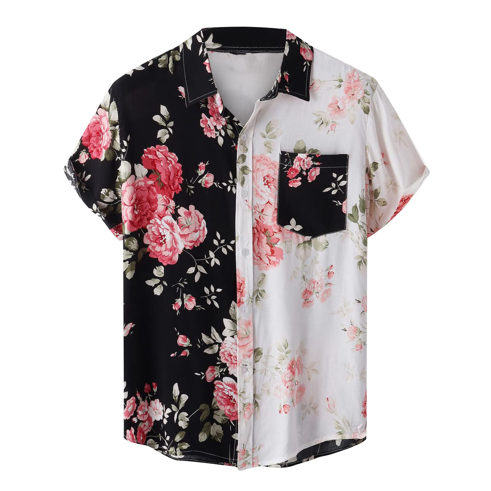 Men's Casual Short Sleeve Button-Up Shirt | Summer Comfy Patchwork Vacation Tee | Fashion Lapel Blouse Top for Beach, Travel & Outdoor Activities