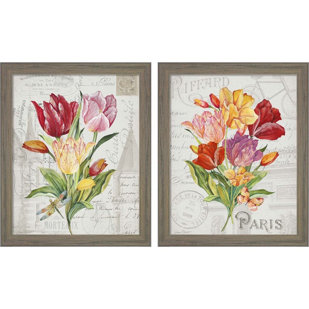 Jean Plout Bouquet Francais 1 - Set of 2 Rustic Gray Framed Floral Wall Art (9x11 Inches Each) for Living Room, Bedroom & Office Decor