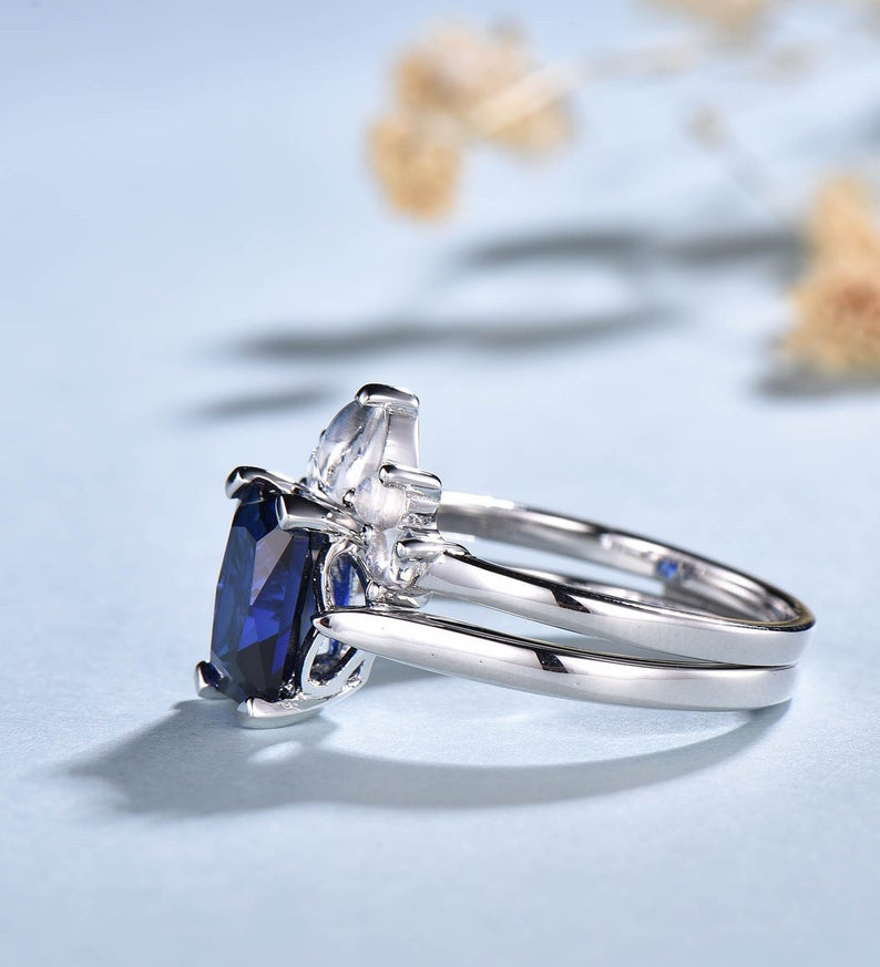 Solitaire Blue Emerald Sapphire Moonstone Engagement Ring Set - 2 Piece Wedding Band for Women, Vintage Bridal Jewelry | Perfect for Proposals, Anniversaries & Special Occasions