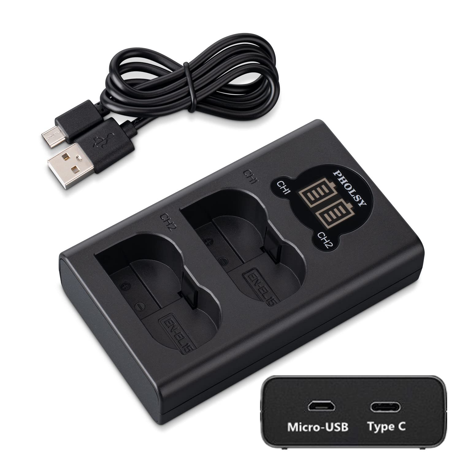 PHOLSY Dual USB EN-EL15 Battery Charger (MH-25/MH-25a) - Compatible with Nikon Z5, Z6, Z7, D850, D780, D750, D610, D7500, D810, D7000 - Fast Charging for EN-EL15/15a/15b/15c - Perfect for Travel & Professional Photography