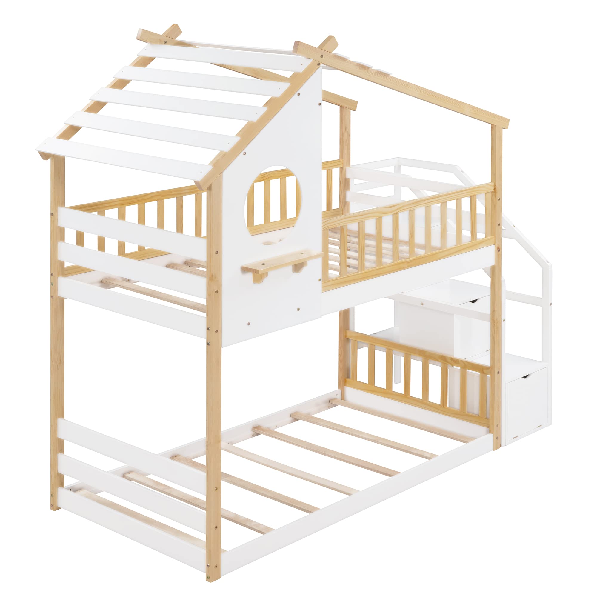 MERITLINE Twin Over Twin Low Bunk Bed with Roof & Stairs - Solid Wood Bunk Bed for Kids, Girls & Boys in Natural White Finish | Space-Saving Bedroom Solution for Siblings & Sleepovers