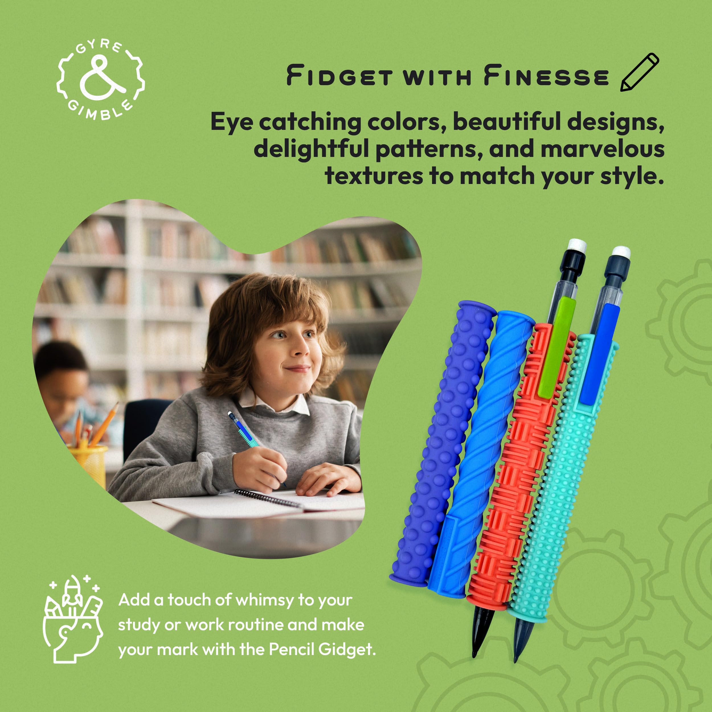 Gyre & Gimble Textured Silicone Pencil Fidget Sleeves - 4 Pack with 2 Mechanical Pencils for Stress Relief & Focus - Quiet Sensory Fidget Toy for Office, School & ADHD Anxiety Relief