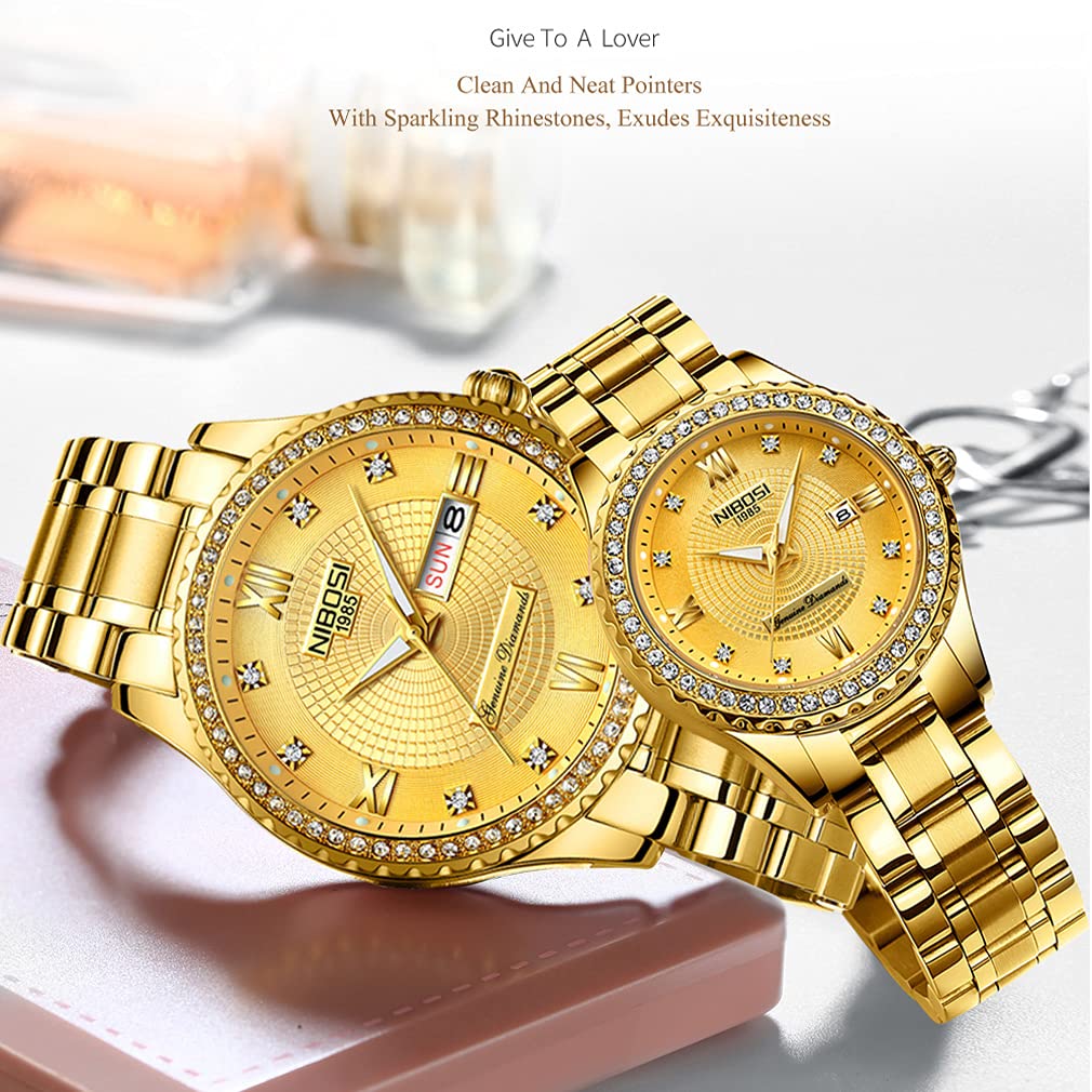 Luxury Diamond Couple Watches for Men and Women - His and Hers Matching Wristwatch Set, Waterproof Analog Quartz Watch with Day/Date - Perfect for Valentine's Day, Wedding Gifts & Anniversary Celebrations