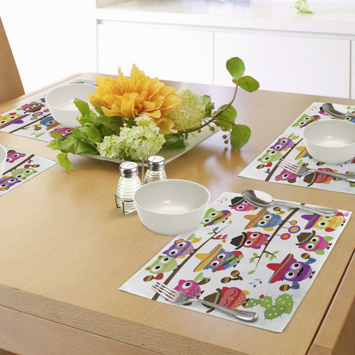 Lunarable Owls Place Mats Set of 4 - Cowboy Cowgirl Animal Print with Hats, Guitars & Cactus Design - Washable Fabric Dining Table Mats for Cinco de Mayo & Western Theme Decor - Standard Size (Red/Orange) - Perfect for Mexican Fiesta Parties, Western Dinners & Kitchen Table Settings