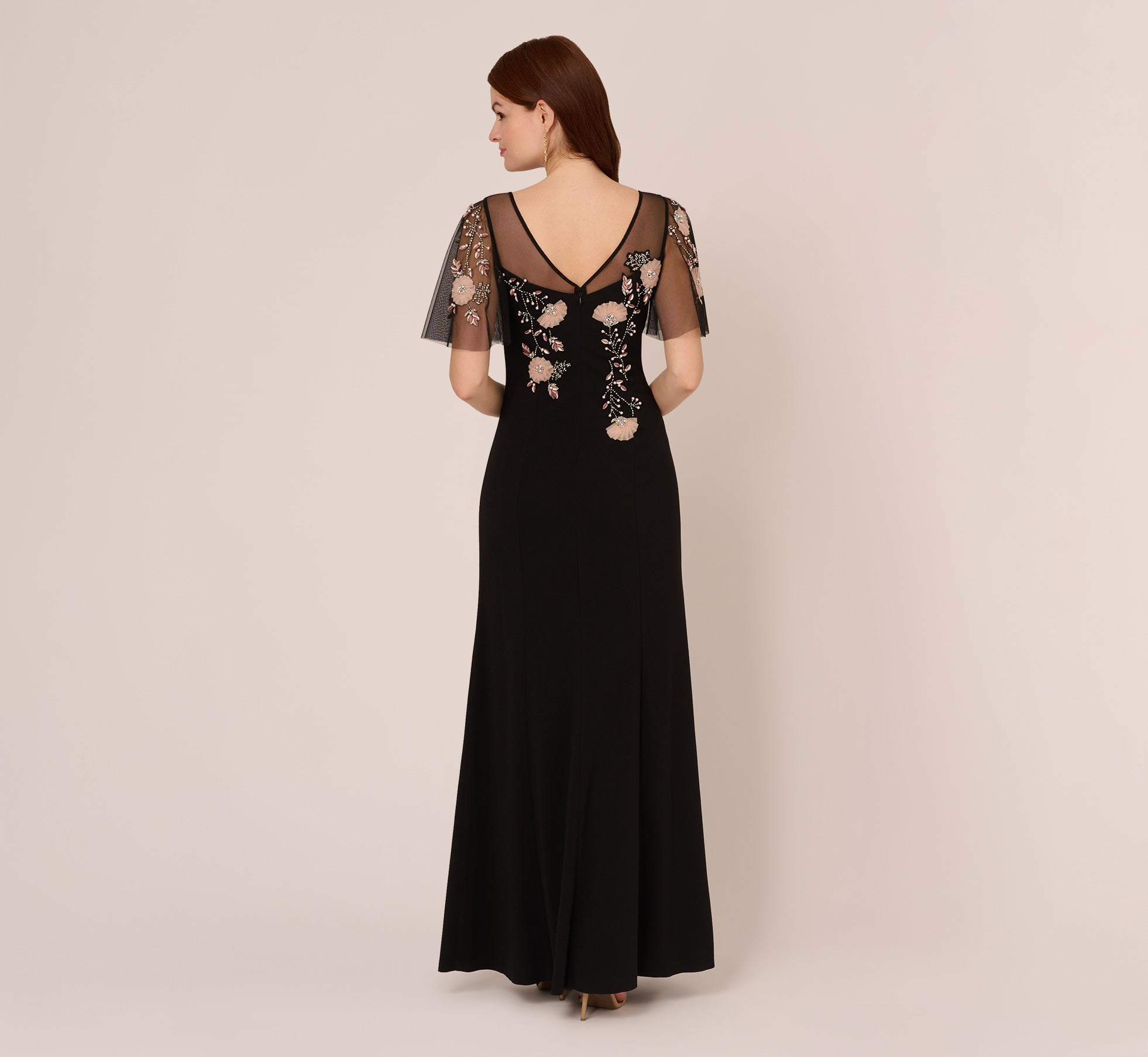 Elegant Black Blush Floral Sequin Beaded Flutter Sleeve Crepe Gown - Perfect for Evening Parties, Weddings & Special Occasions
