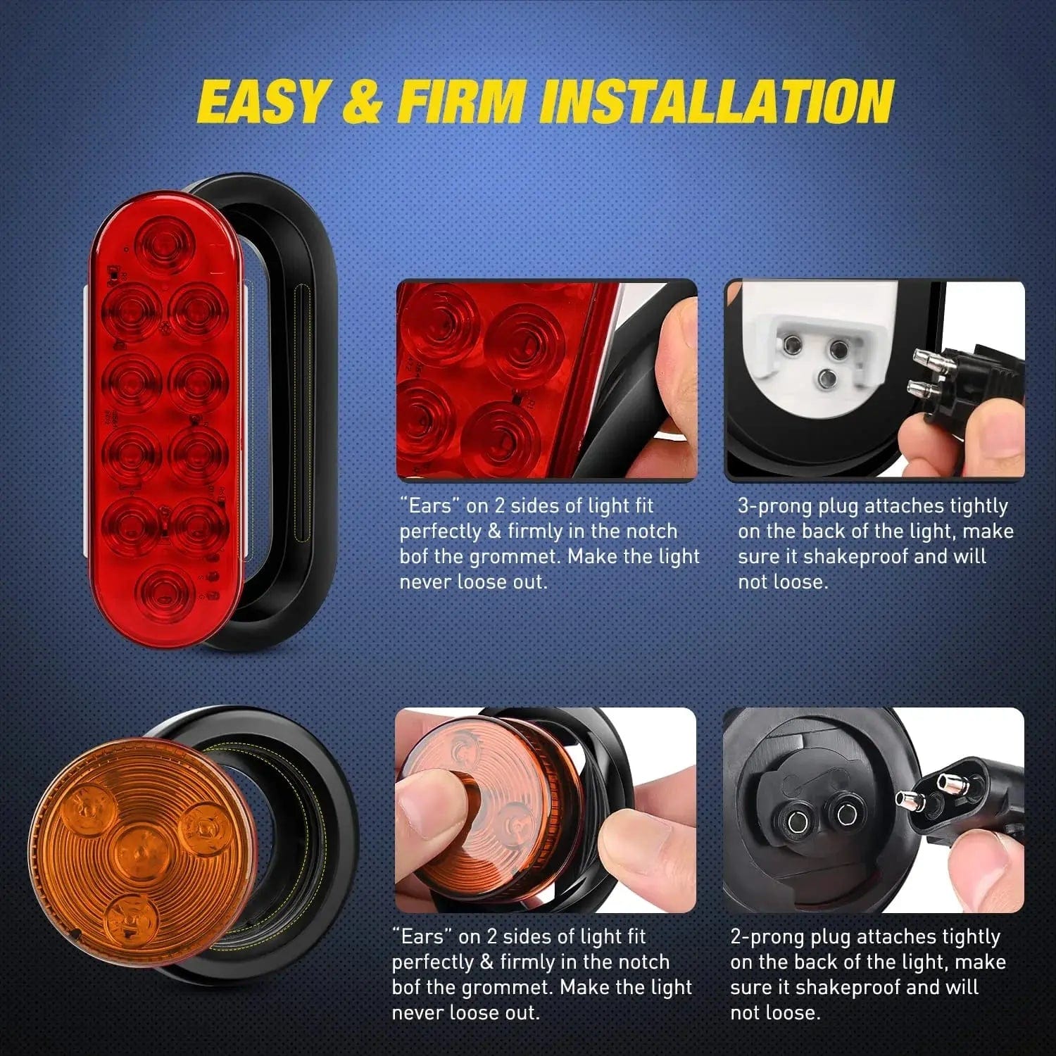 6 Inch Oval Red LED Trailer Tail Lights & 2 Inch Round Amber Side Marker Lights Kit - Waterproof, DOT Approved for Trucks, Trailers, RVs - Perfect for Night Driving & Road Safety
