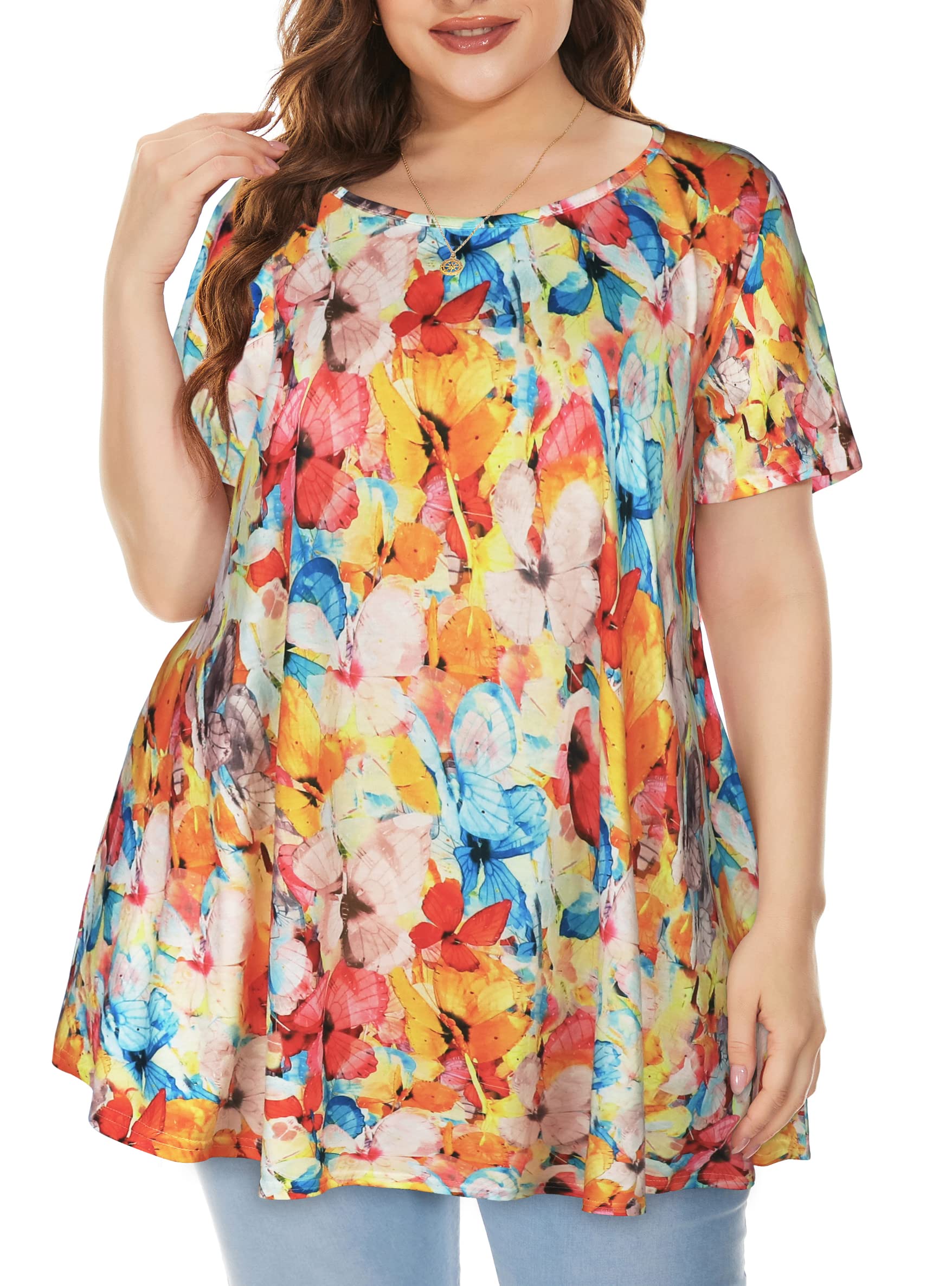 Plus Size Women's Summer Casual Tunic Tops - Flowy Short Sleeve Blouses (YWBTF, 6XL) | Comfortable & Stylish for Work, Vacation & Everyday Wear