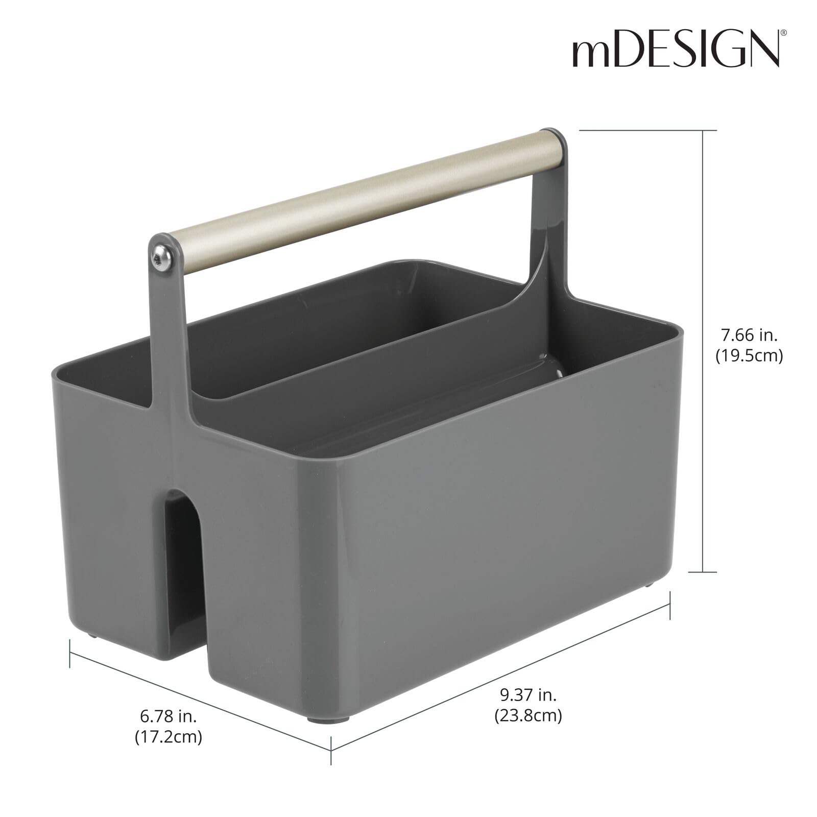 mDesign Plastic Shower Caddy Organizer with Metal Handle - Bathroom Storage Basket for Soap, Shampoo & Conditioner - Dorm & Kitchen Utility Tote - Aura Collection in Dark Gray/Matte Satin - Perfect for Small Space Organization & Bath Essentials Storage