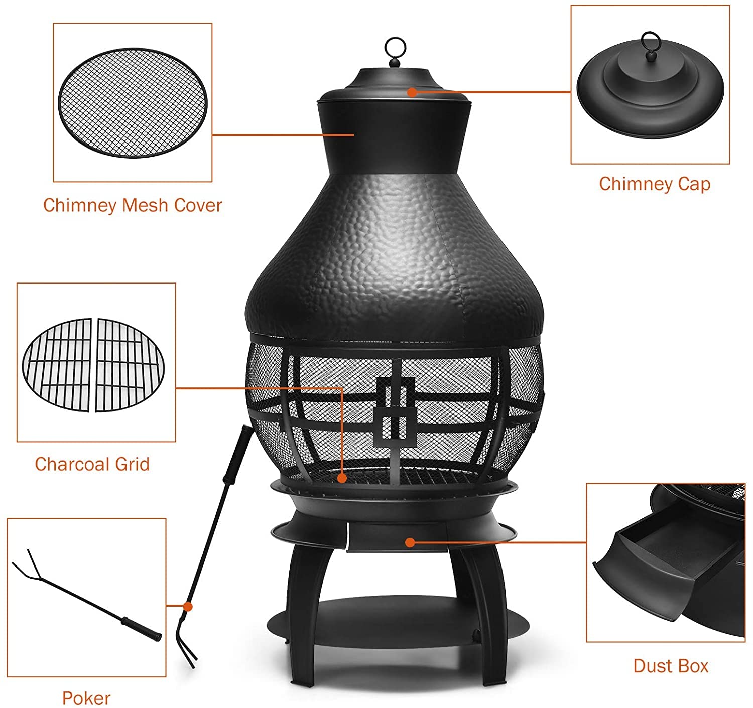 SAFSTAR Outdoor Cast Iron Chiminea - Wood Burning Fire Pit with Fire Poker & 360° Fire Retardant Mesh Cover - Durable Patio Chiminea for Backyard, Garden, and Camping Fireplace Use