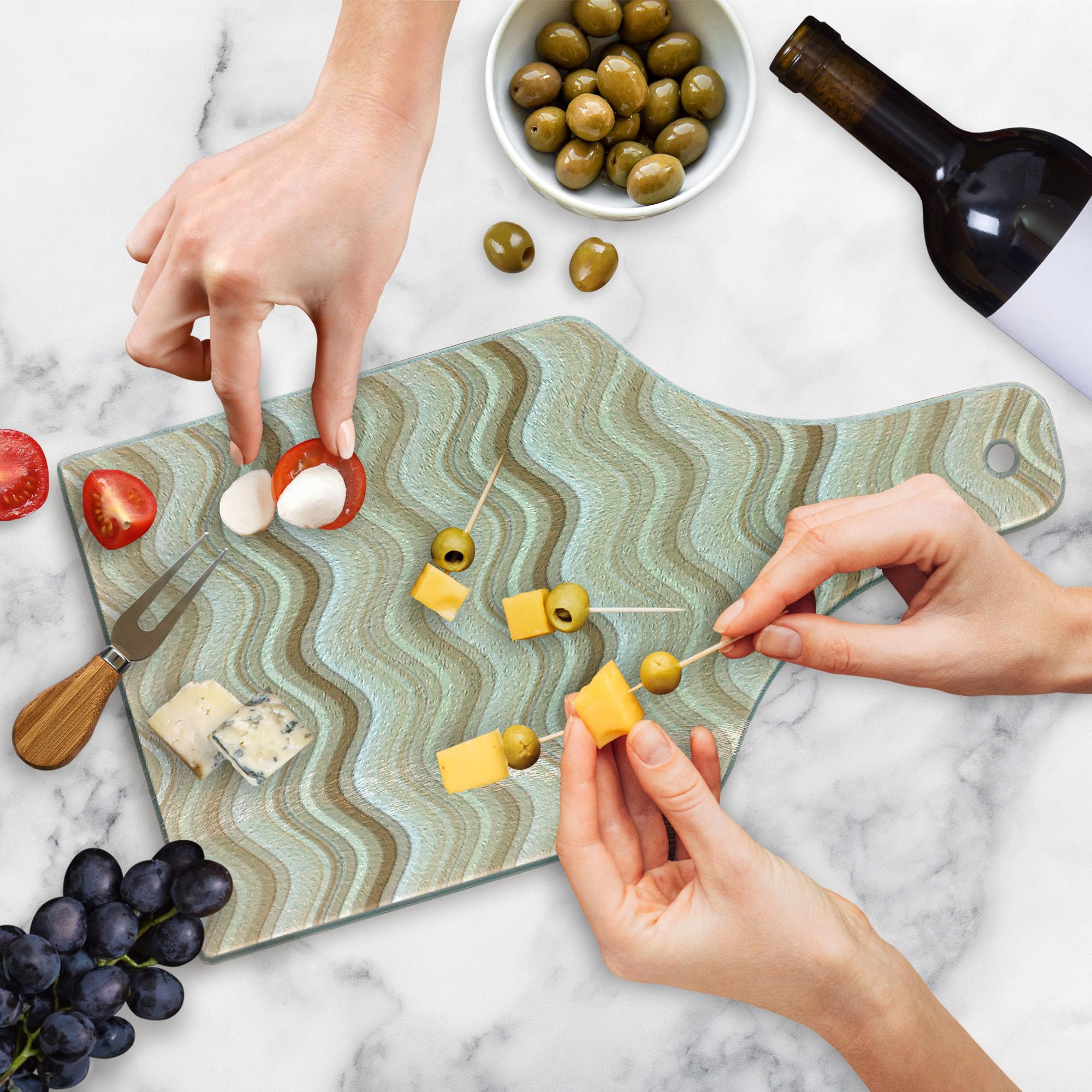 Ambesonne Decorative Tempered Glass Cutting Board - Wavy Vertical Line Design, Wine Bottle Shape in Pale Brown & White - Perfect for Serving Cheese, Charcuterie & Wine Pairings
