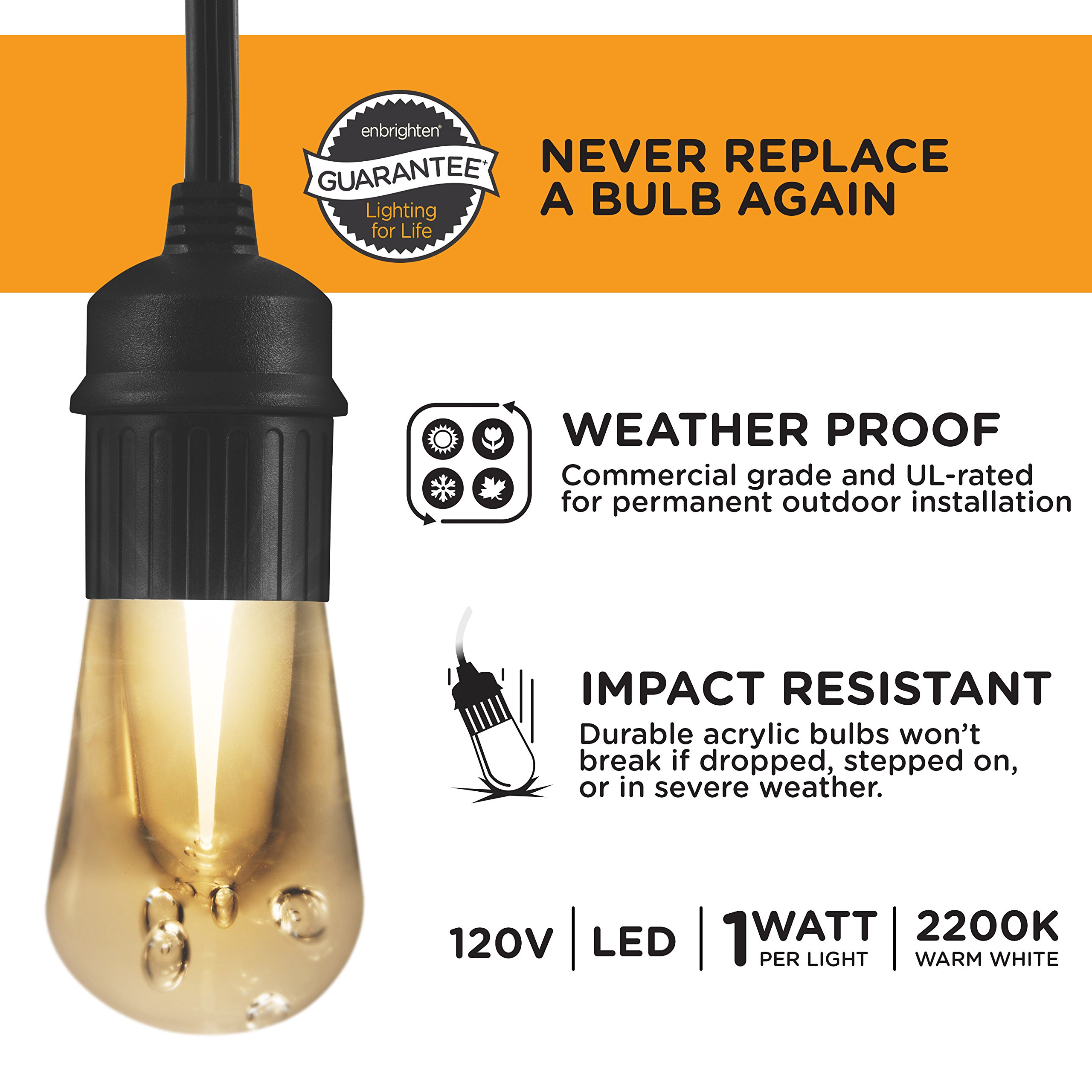 Enbrighten 24ft LED Outdoor String Lights - Shatterproof Waterproof Warm White Patio Lights with Durable Acrylic Bulbs for Balcony, Backyard, Deck, Party - Perfect for Outdoor Dining, Wedding Decor & Garden Lighting