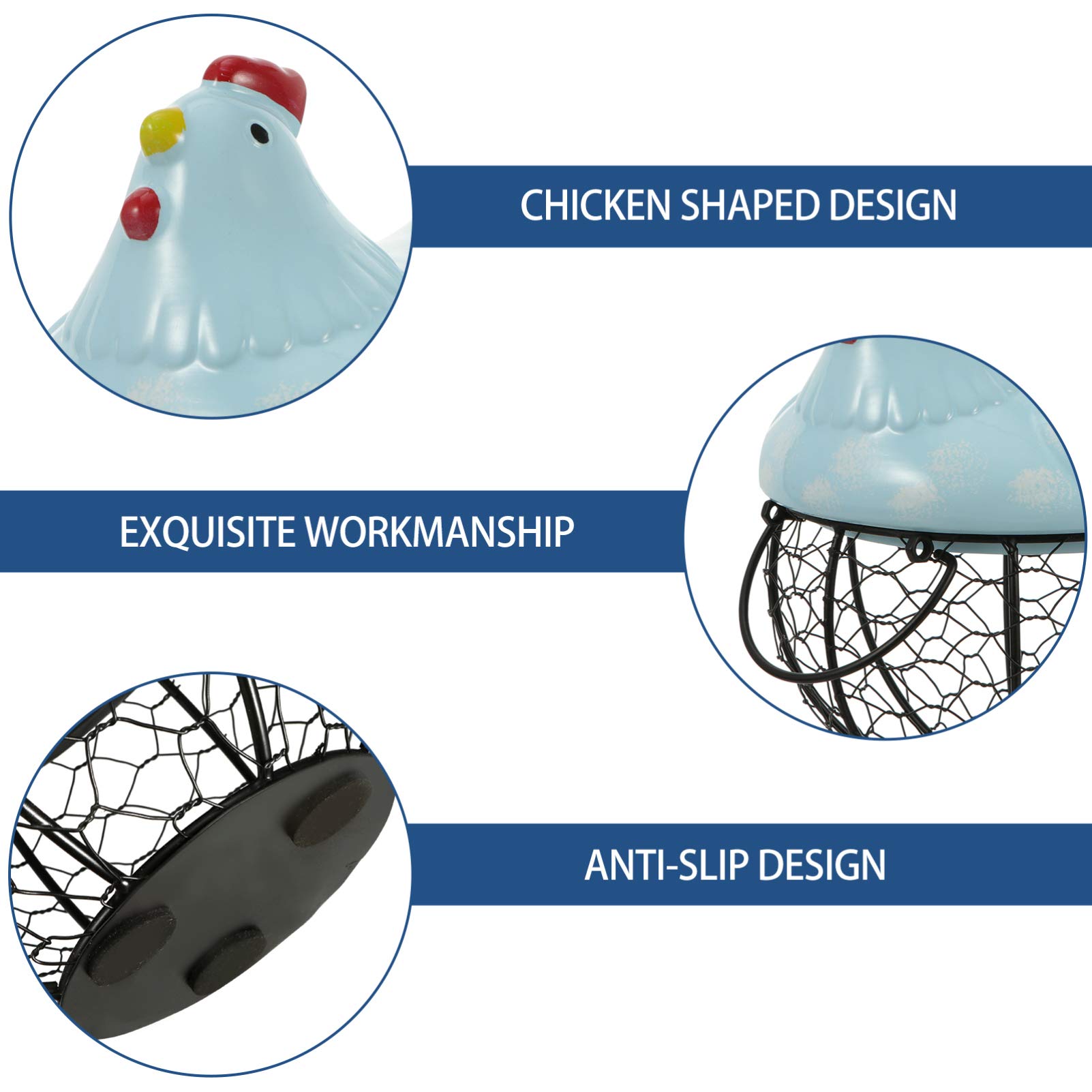 DOITOOL Metal Wire Chicken Egg Basket with Ceramic Lid - Chicken Shaped Fruit Basket & Egg Display Holder - Kitchen Countertop Organizer with Handle - Perfect for Easter Decorations, Farmhouse Kitchen Decor, and Fresh Egg Storage