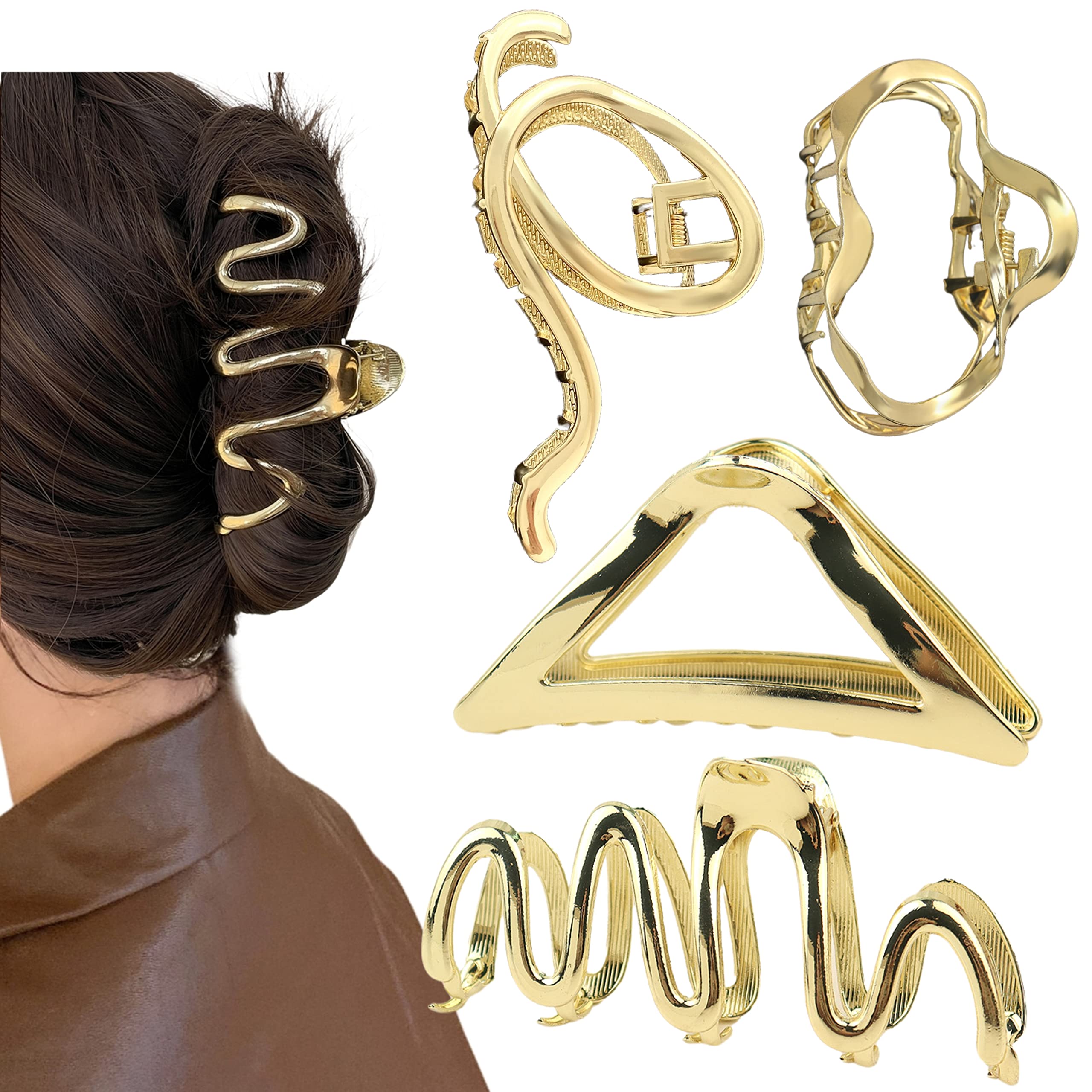 Large Gold Metal Hair Clips for Women & Girls - Strong Hold for Thick Hair - Pack of 4 - Perfect for Updos, Ponytails & Everyday Styling