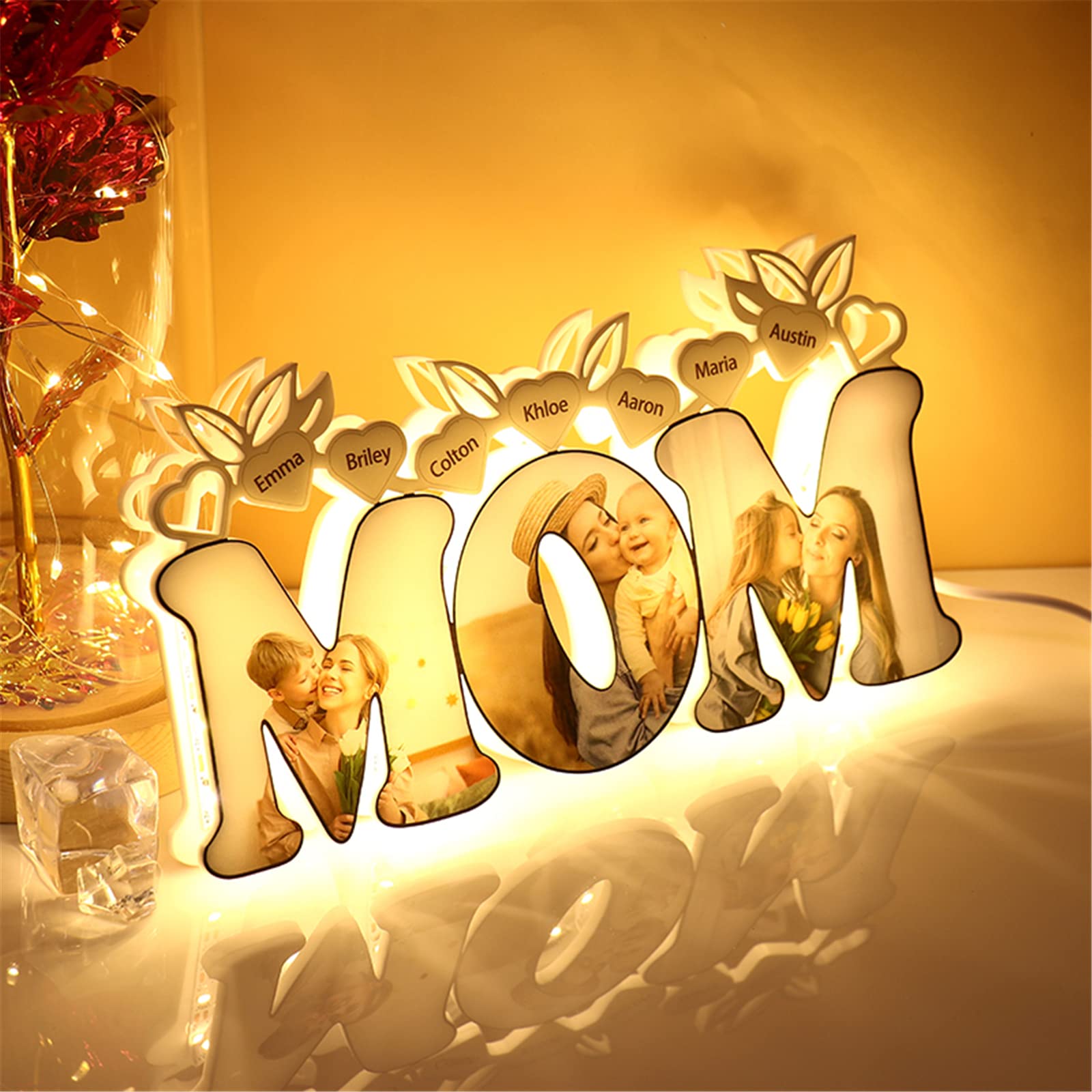 Custom Personalized Photo Night Light with Name - Acrylic Bedside Lamp for Mom, Mother's Day, Birthday Gift - Perfect for Bedroom Decor, Nursery, Romantic Ambiance (MOM)