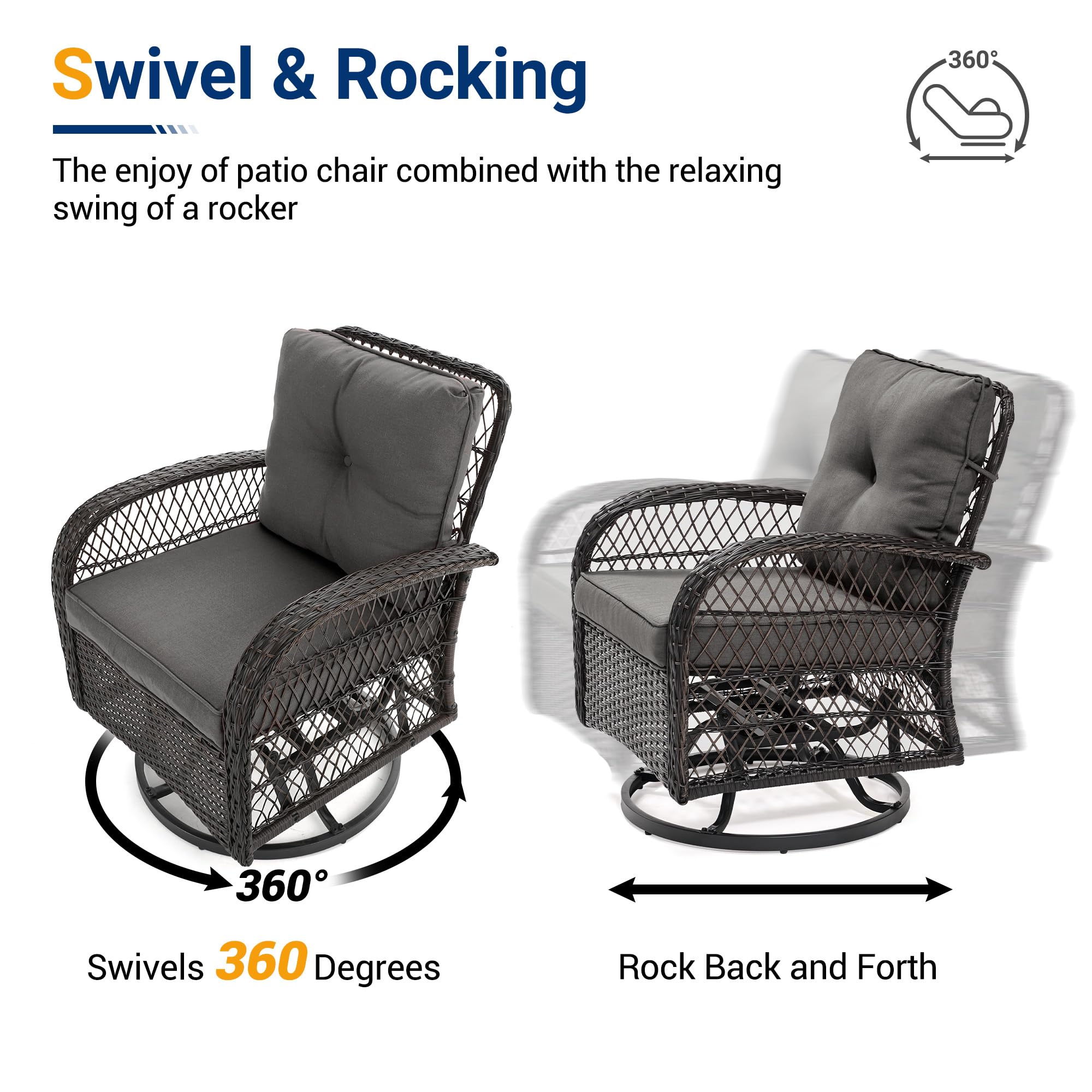UDPATIO 3-Piece Outdoor Patio Furniture Set - 2 Swivel Rocking Chairs with Thick Cushions & Glass Coffee Table - All-Weather Wicker Glider Chairs for Porch, Deck, Backyard, Garden (Grey) | Perfect for Relaxing, Entertaining & Outdoor Lounging