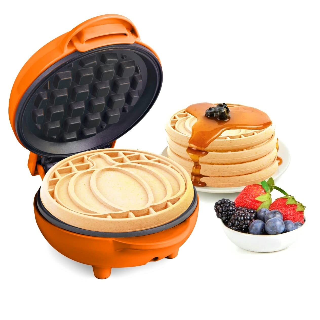 Nostalgia MyMini Personal Electric Pumpkin Waffle Maker - Orange | Compact Waffle Iron for Halloween, Fall Breakfast, Kids Snacks & Holiday Desserts