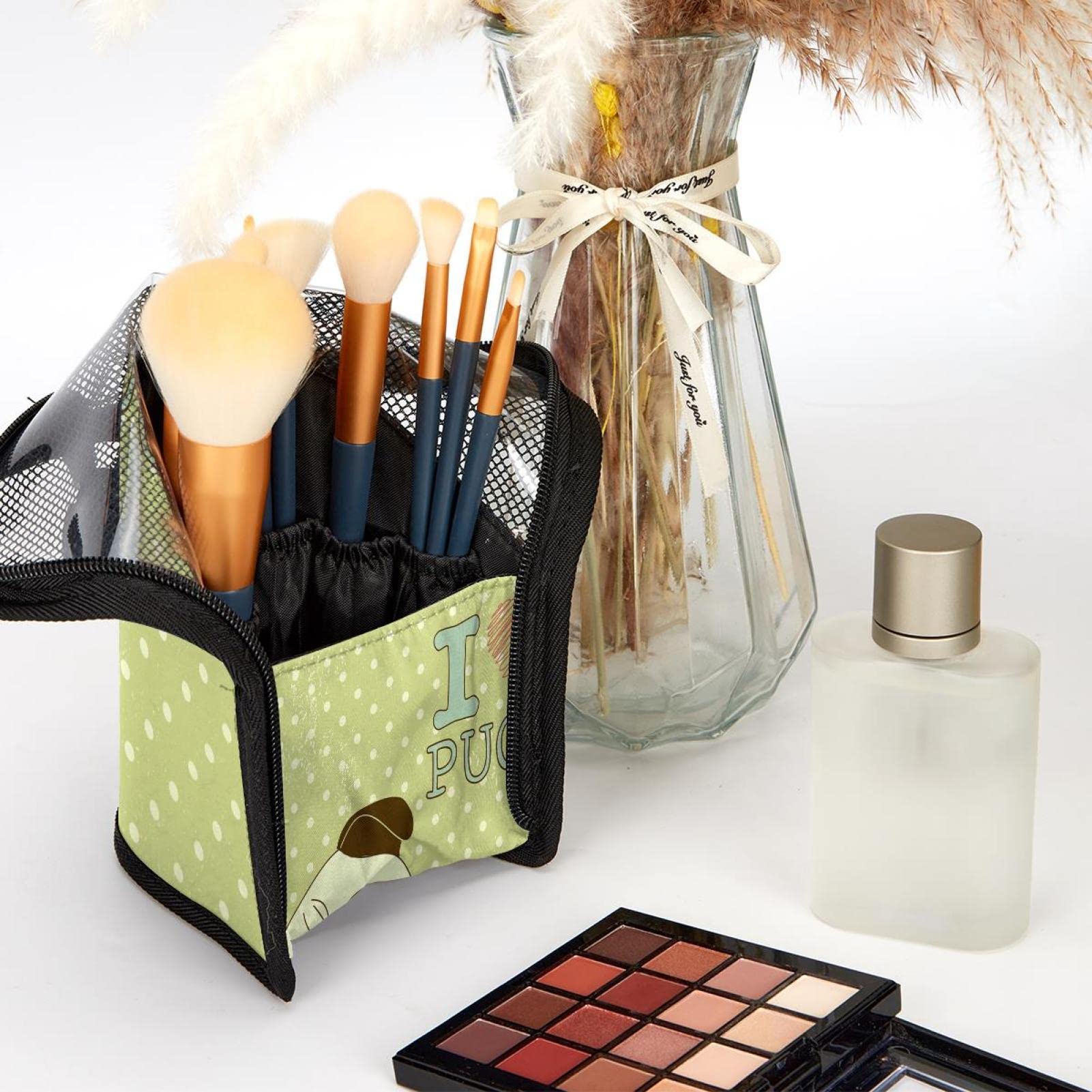 Portable Makeup Brush Organizer Bag with 12 Slots - Cute Pug Dog Pattern Cosmetic Brush Holder Case for Travel & Home Storage
