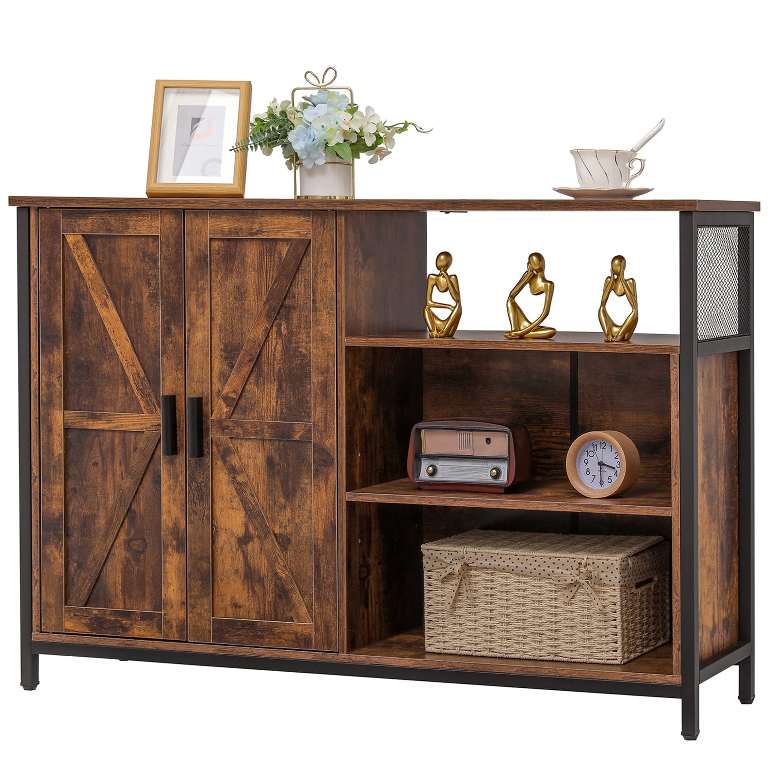 WEENFON Rustic Brown Industrial Storage Cabinet with 2 Barn Doors & Adjustable Shelves - Buffet Sideboard for Dining Room, Living Room, Kitchen - Perfect for Home Organization & Farmhouse Decor