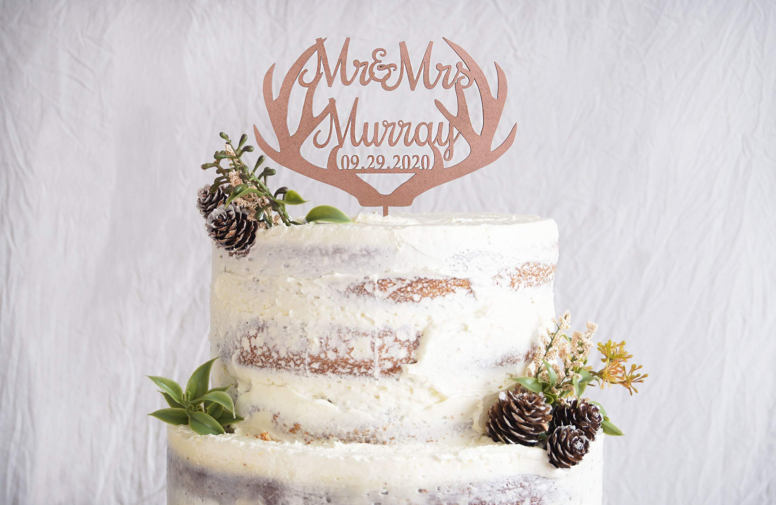 Mr & Mrs Deer Antler Cake Topper - Rustic Calligraphy Wedding Anniversary Cake Decoration - Custom Personalized Cake Topper for Weddings, Anniversaries & Romantic Celebrations